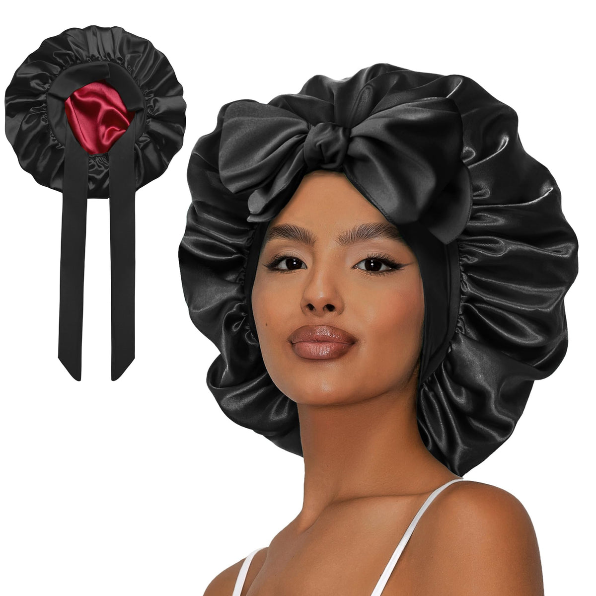 Vettres Satin Bonnet for Curly Hair Silk Tie Bonnet Double Layer Satin Bonnet with Tie Silk Bonnet with Tie Black Red