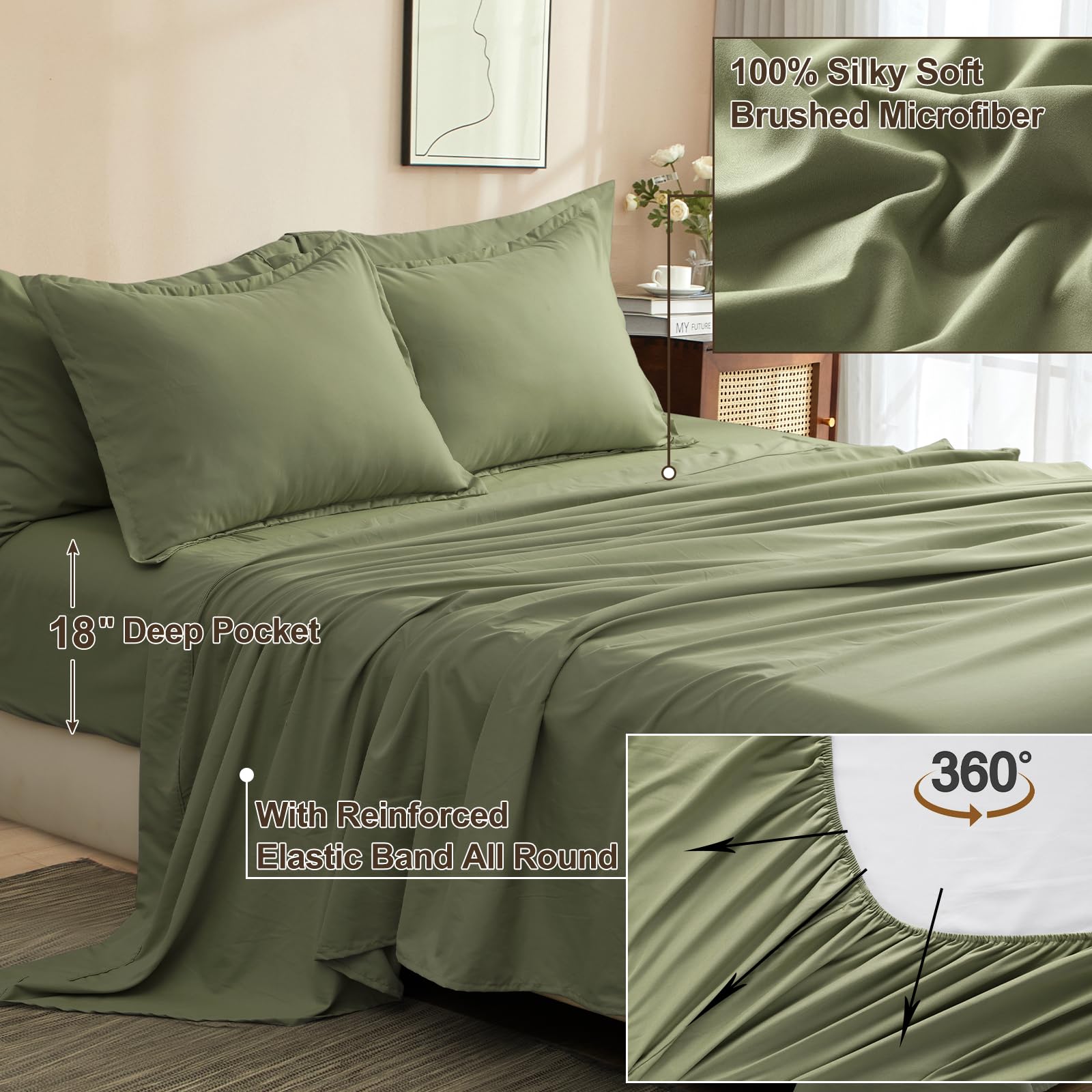 Phf 7 Pieces King Comforter Set, Bed In A Bag Comforter & 18' Sheet Set All Season, Ultra Soft Comfy Bedding Sets With Comforter, Sheets, Pillowcases & Shams, Olive Green