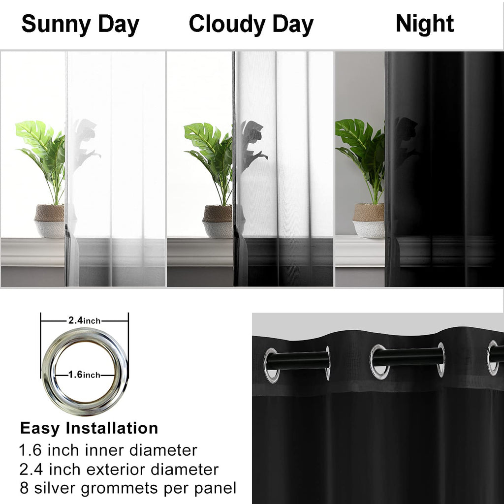 Hiasan Black Sheer Curtains For Bedroom With Tiebacks, Grommet Light Filtering And Breathable Voile Window Curtains For Living Room, Kids Room And Nursery, W52 X L90, Set Of 2 Panels
