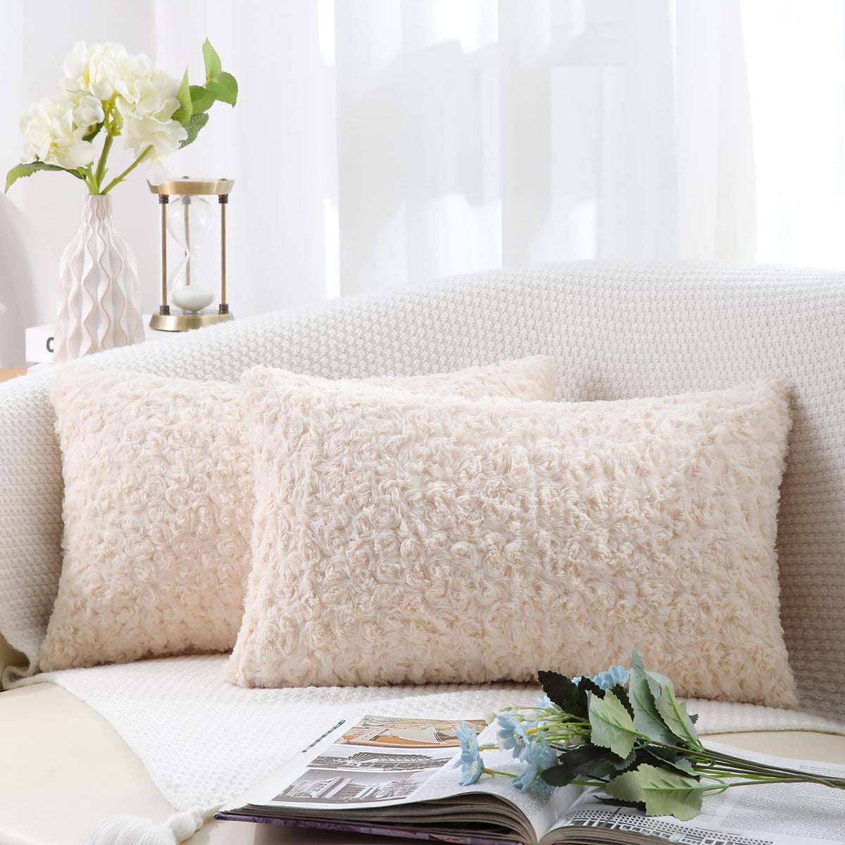 Cikary Cream Beige Fur Throw Pillow Covers 3D Rose Pattern Set Of 2 12X20 Inch Fluffy Decorative Pillow Covers For Couch Bed Sof