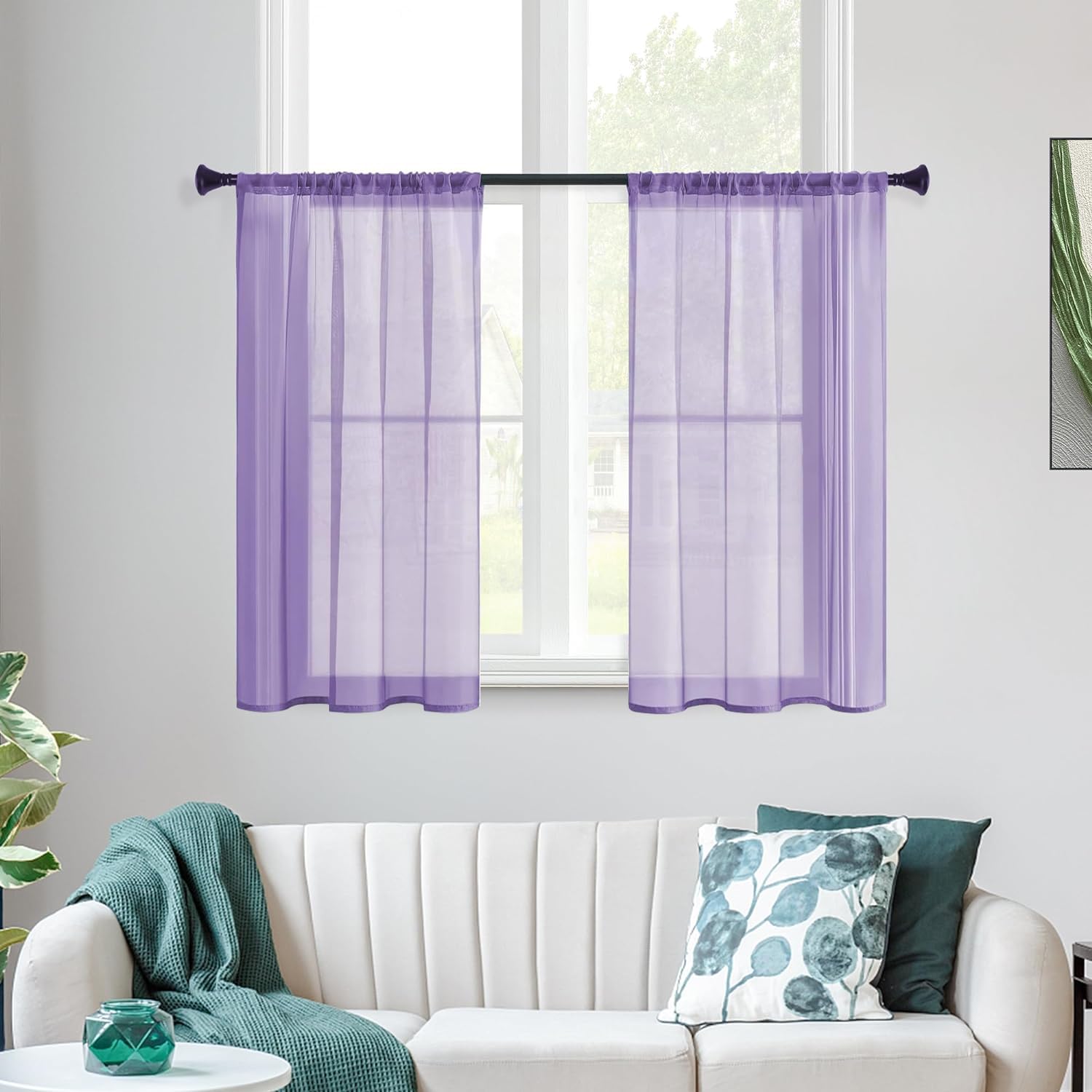 Mrtrees 40 Inch Sheer Curtains 2 Panels, Light Purple Half Window Treatments For Basement Living Room, Small Short Transparent V
