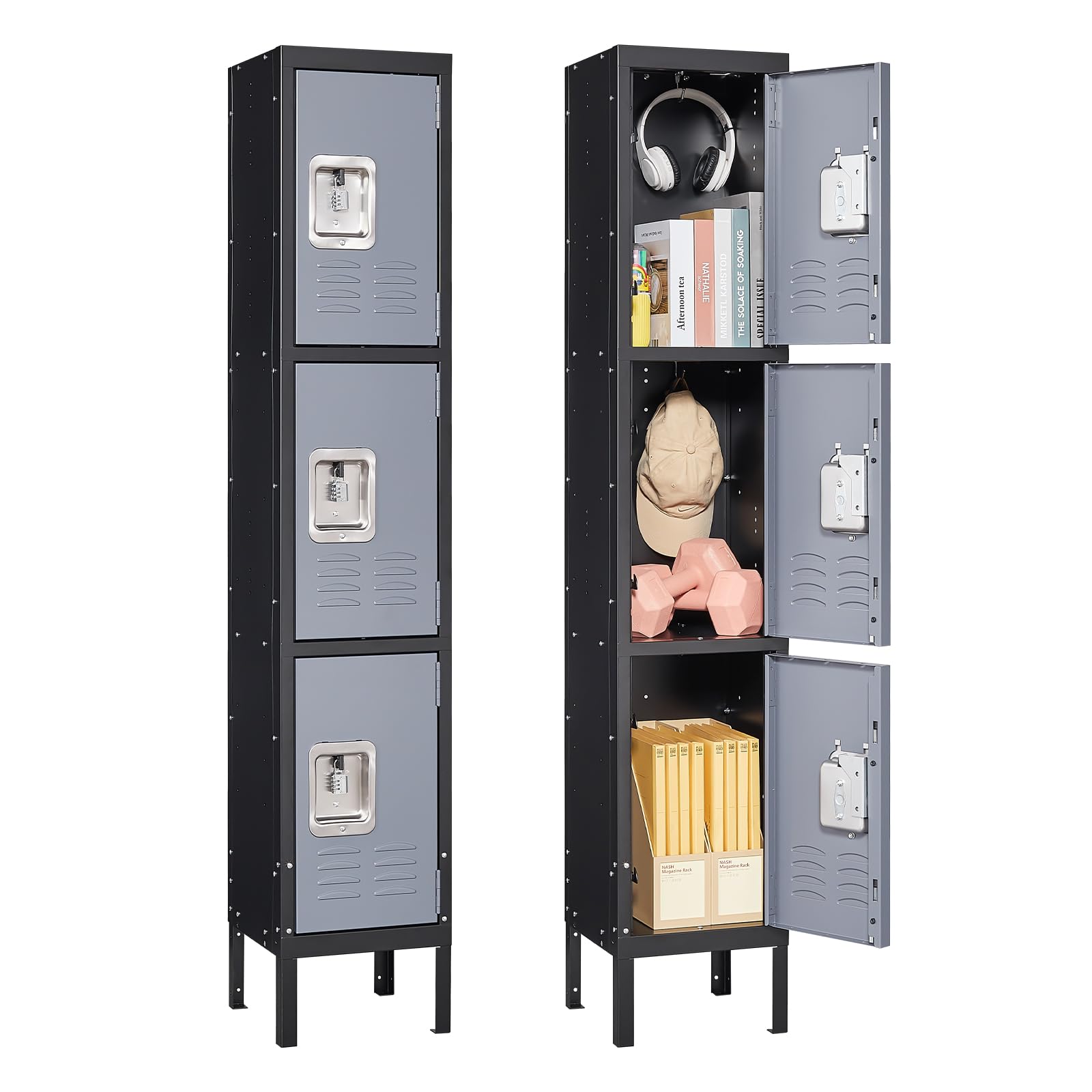 Anxxsu Metal Locker for School Home Office Gym, Steel Storage Lockers for Employees Students, 3 Tier Metal Storage Locker Cabine