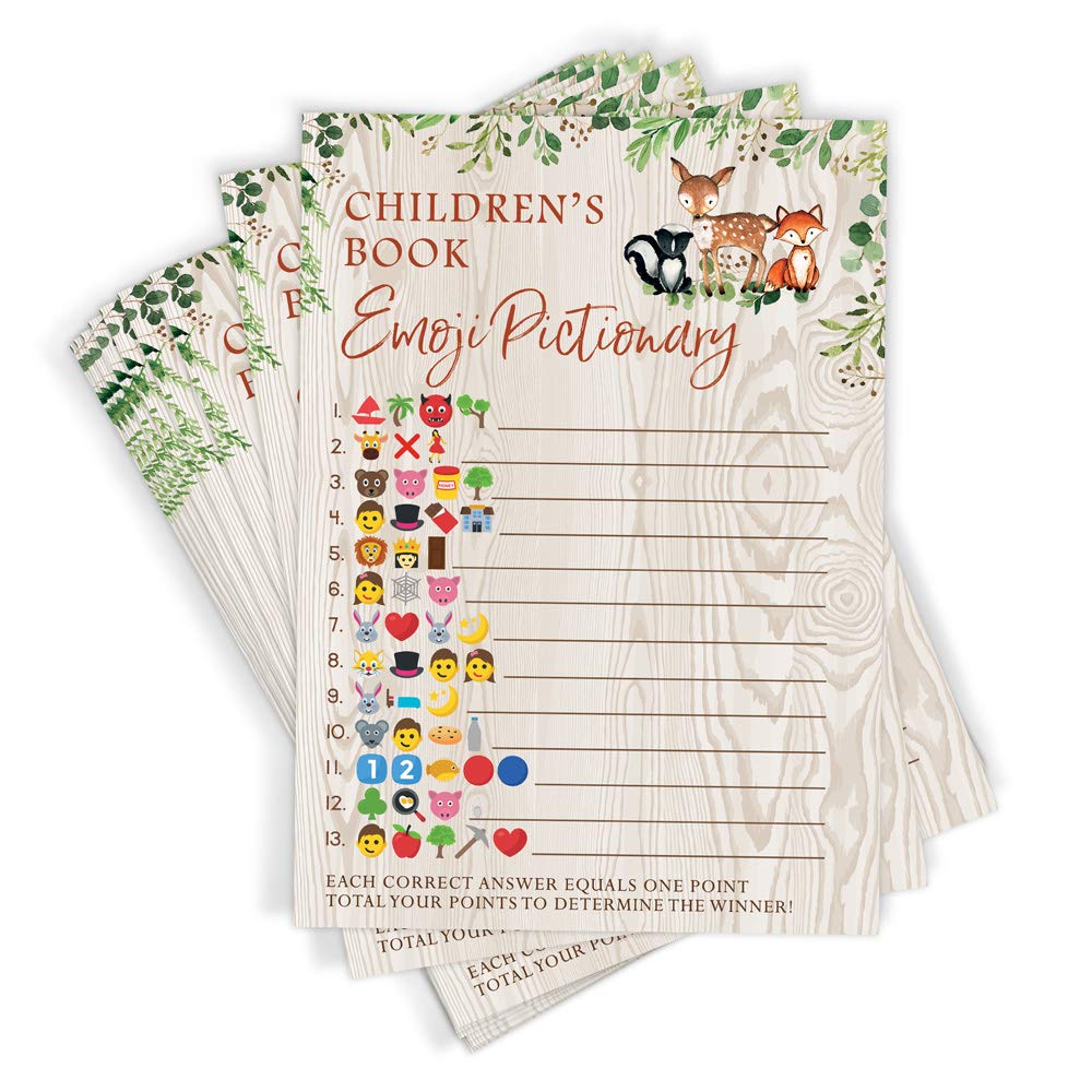 Printed Party Woodland Baby Shower Game - Children's Book Emoji Pictionary, Set of 50