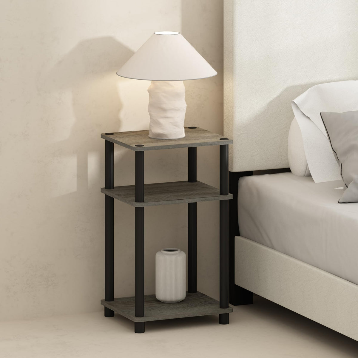 Furinno Just 3-Tier Turn-N-Tube Open Storage Nightstand, 1-Pack, Plastic Poles, French Oak/Black