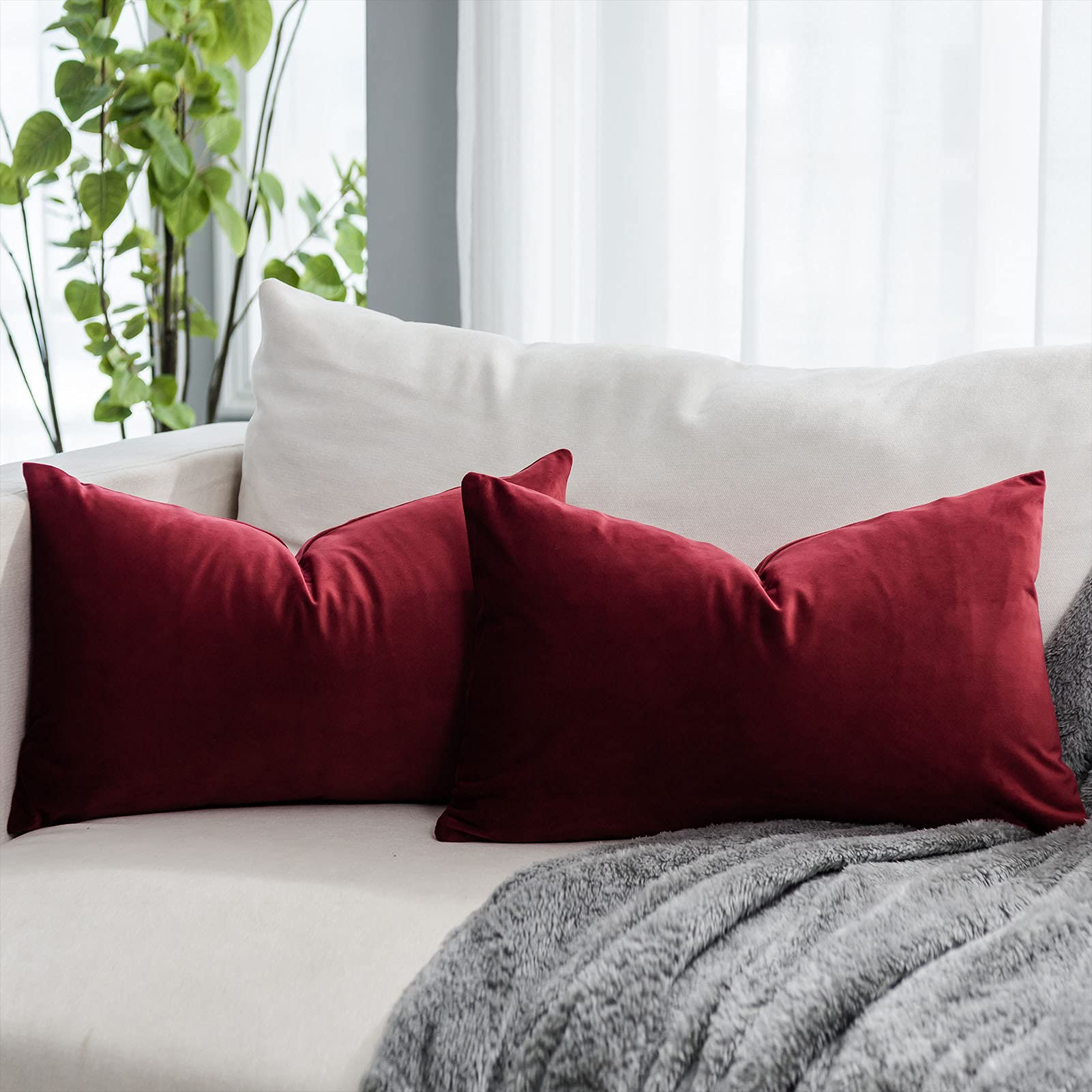 Quafoo Christmas Red Wine Decorative Lumbar Velvet Throw Pillow Covers 16X24 Inch Set Of 2 With Zipper Luxury Soft Solid Rectang