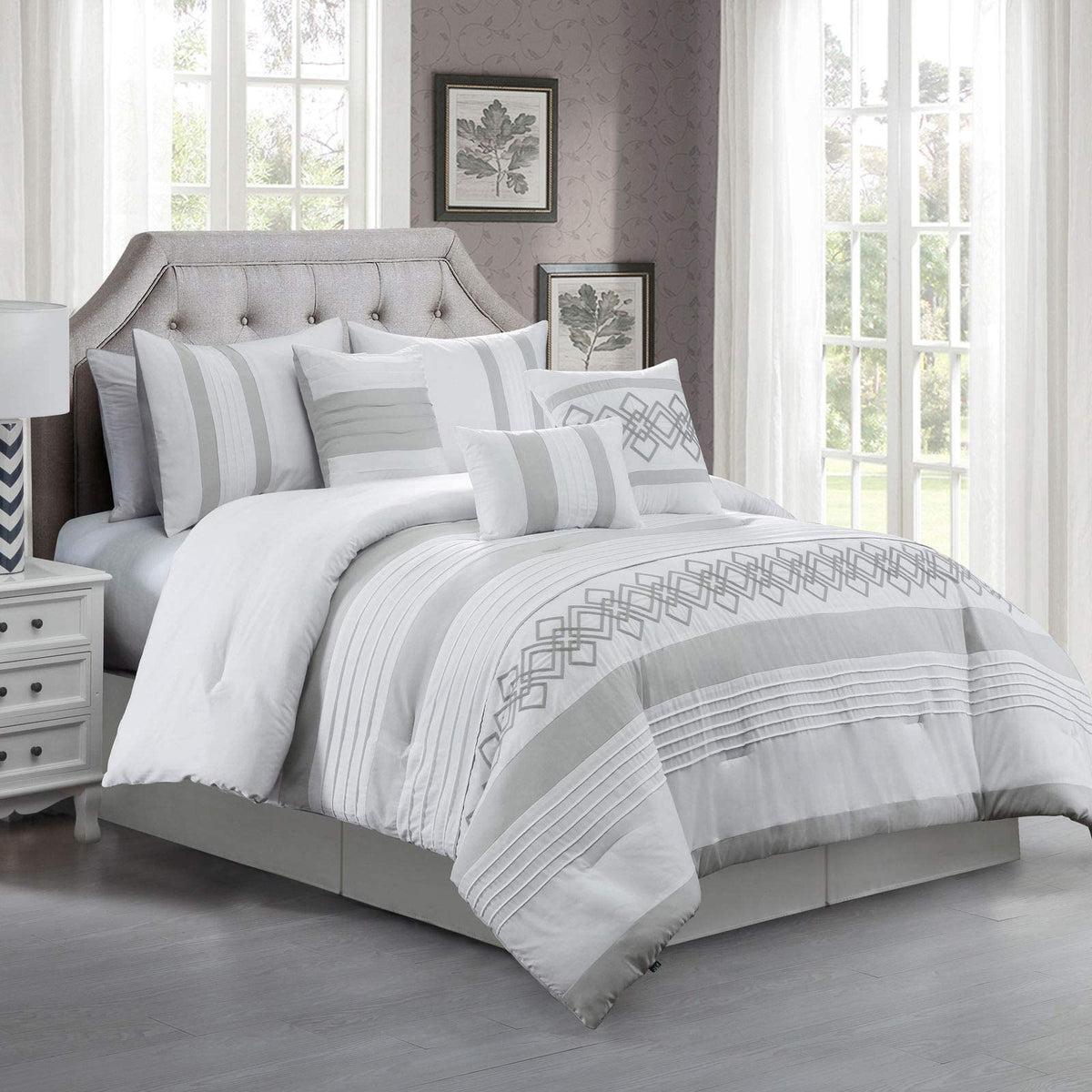 Chezmoi Collection Ariel 7-Piece Gray Geometric Chenille Embroidery Pleated Striped Comforter Bedding Set, Oversized King Size