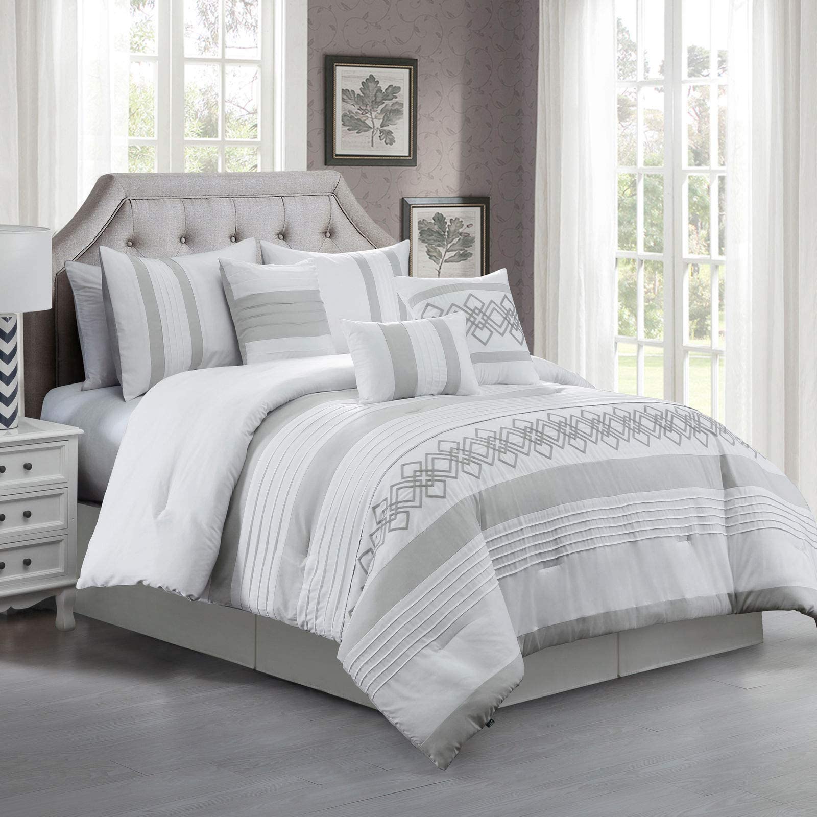 Chezmoi Collection Ariel 7-Piece Gray Geometric Chenille Embroidery Pleated Striped Comforter Bedding Set, Full Size