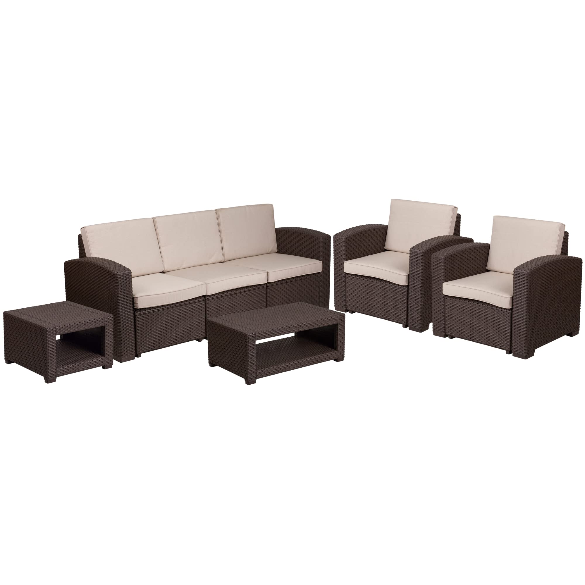 Flash Furniture 5 Piece Outdoor Faux Rattan Chair, Sofa And Table Set In Chocolate Brown