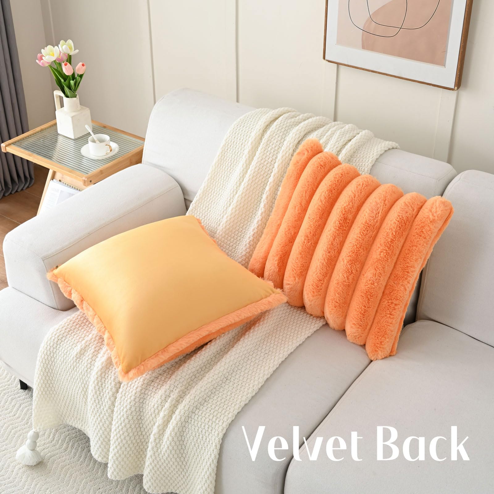 Futei Orange Decorative Throw Pillow Covers 24X24 Inch Set Of 2, Square Soft Faux Rabbit Fur Big Striped Pillow Sham,Home Decor