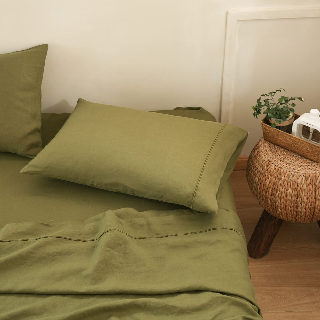 Simple&Opulence 100% Belgian Linen Pillowcase Embroidered-Set Of 2, Queen(Standard) Size(20''X30''), Stone Washed Solid Color-Soft And Durable, Olive Green