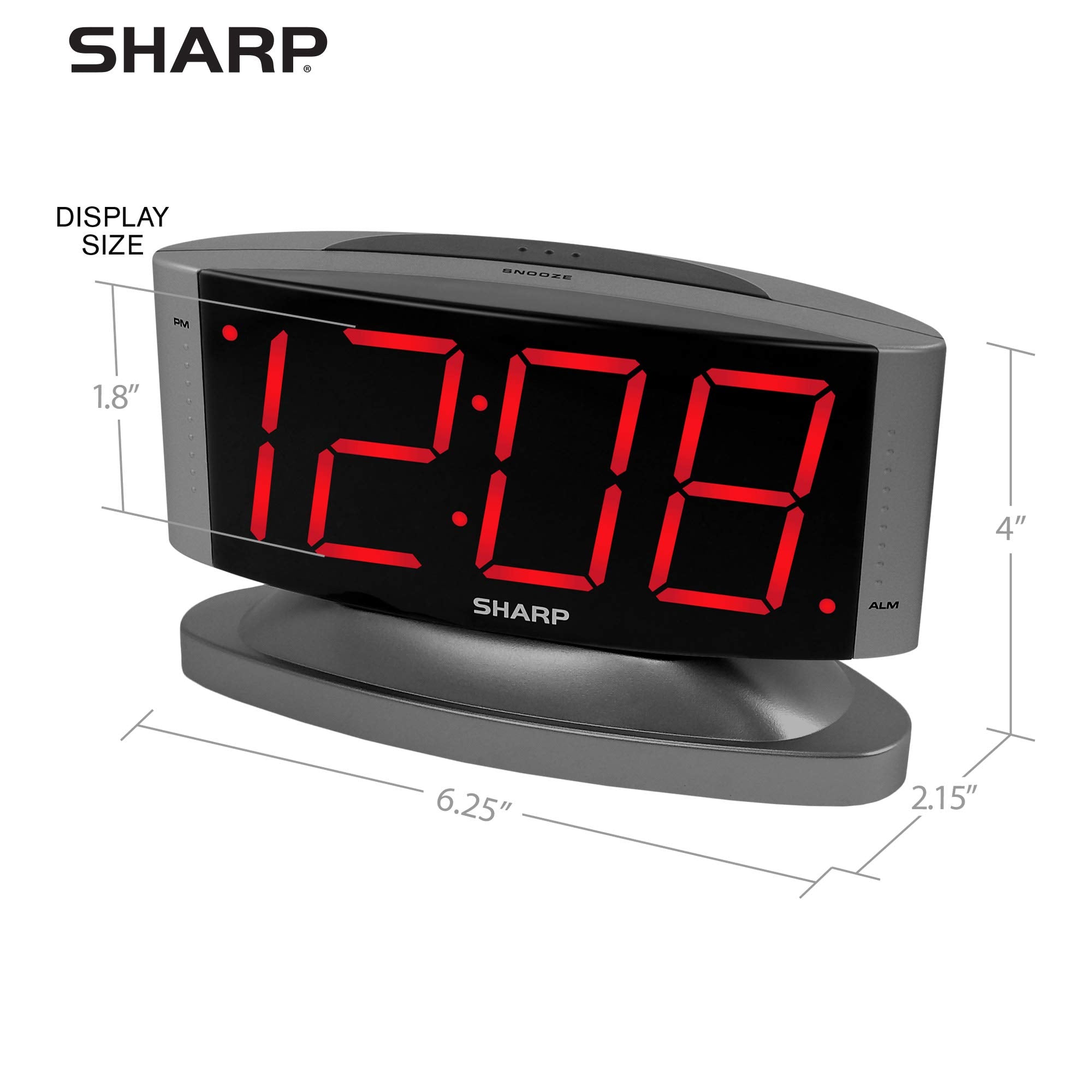 SHARP LED Digital Alarm Clock - Swivel Base, Outlet Powered, Big Red Display, Gun Metal Grey Case, Simple Operation, Snooze, Brightness Dimmer