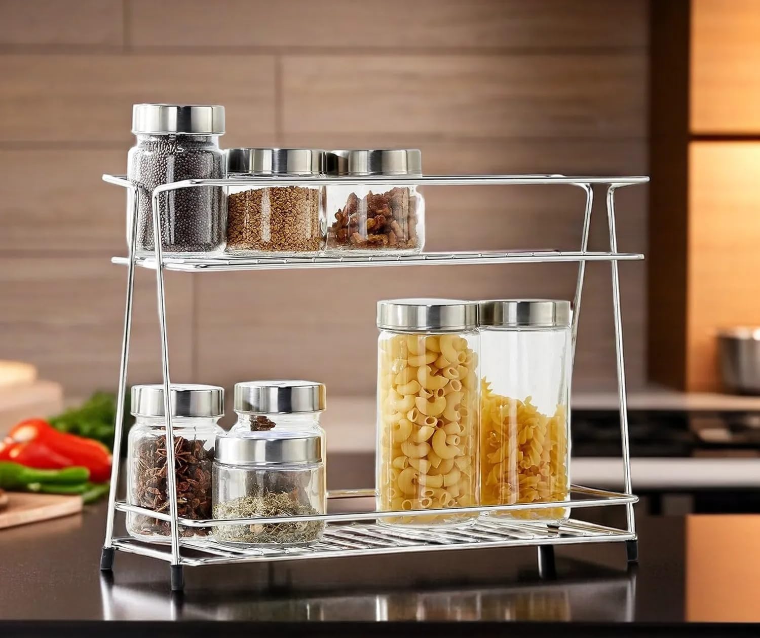 Homify Stainless Steel 2 Layer Spice Rack | Modular Kitchen Storage Organizer | Multipurpose Shelf For Countertop, Tabletop | Ti