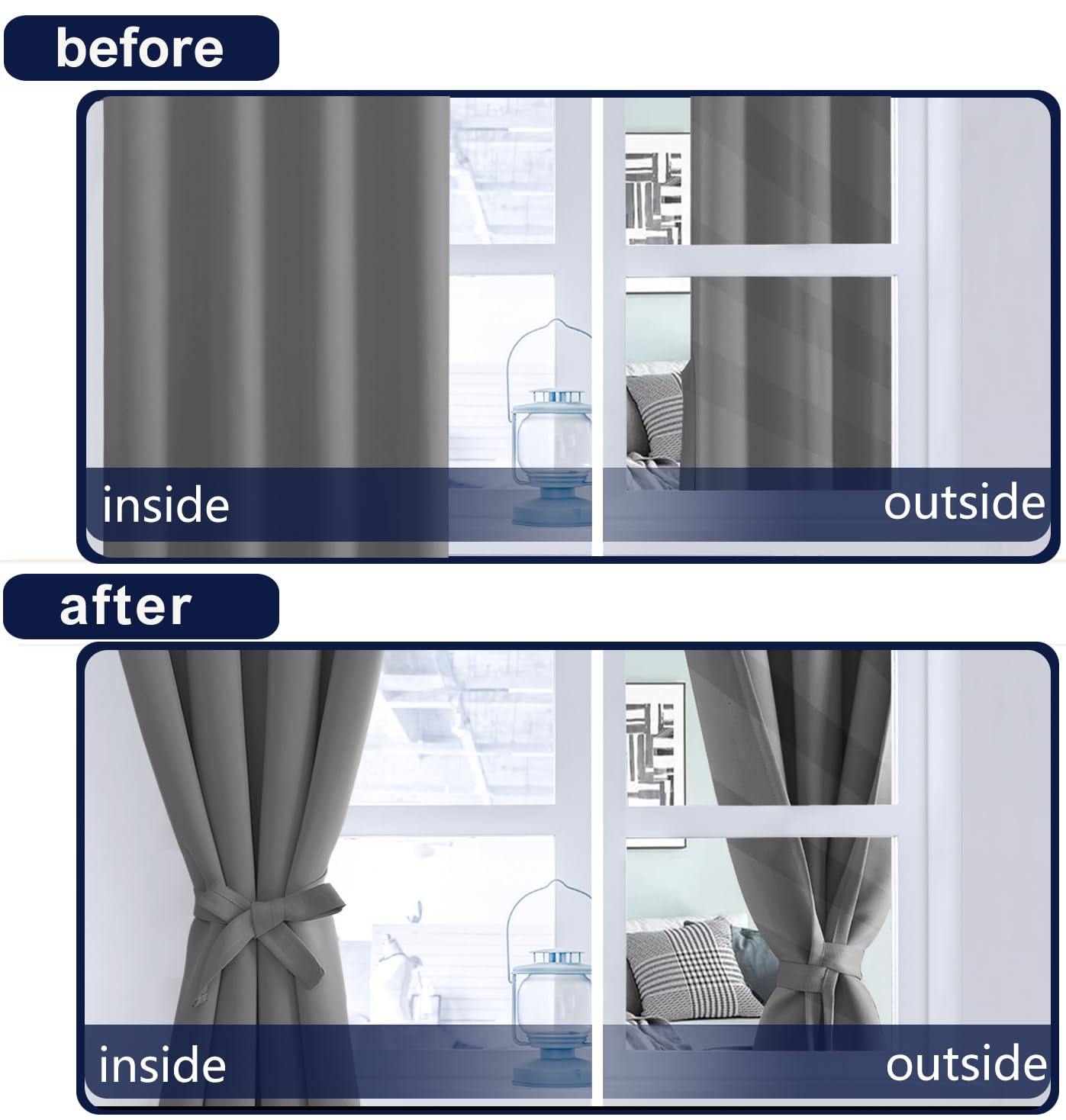Hiasan Grey Curtains 63 Inch Long Sewn With Tiebacks, Rod Pocket & Back Tab Gray Blackout Thermal Insulated Drapes, Room Darkeni