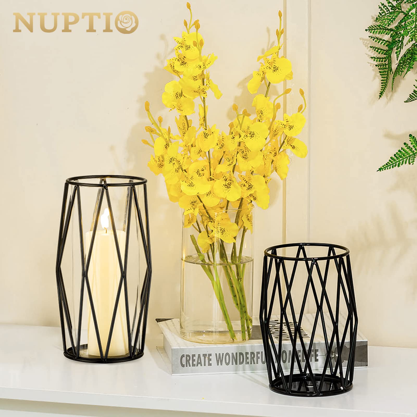 Nuptio Black Pillar Candle Holders - Glass Candles Holder With Geometric Metal Rack Stand For Wedding Birthday Party Centerpiece
