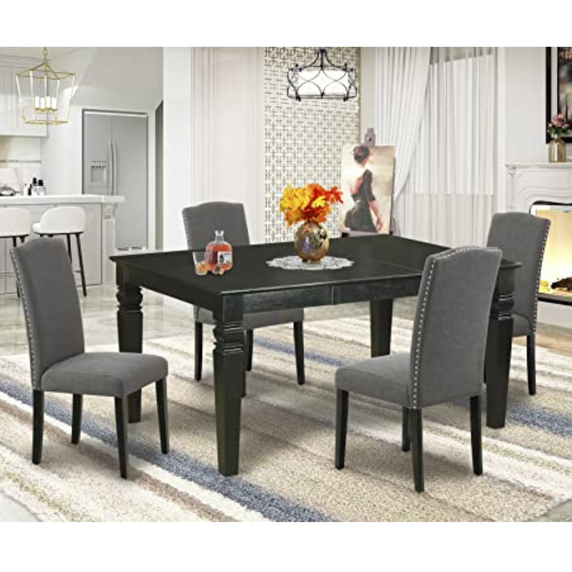 East West Furniture Ween5-Blk-20 5 Piece Kitchen Table Set Includes A Rectangle Dining Table With Butterfly Leaf And 4 Dark Gotham Linen Fabric Upholstered Chairs, 42X60 Inch, Black