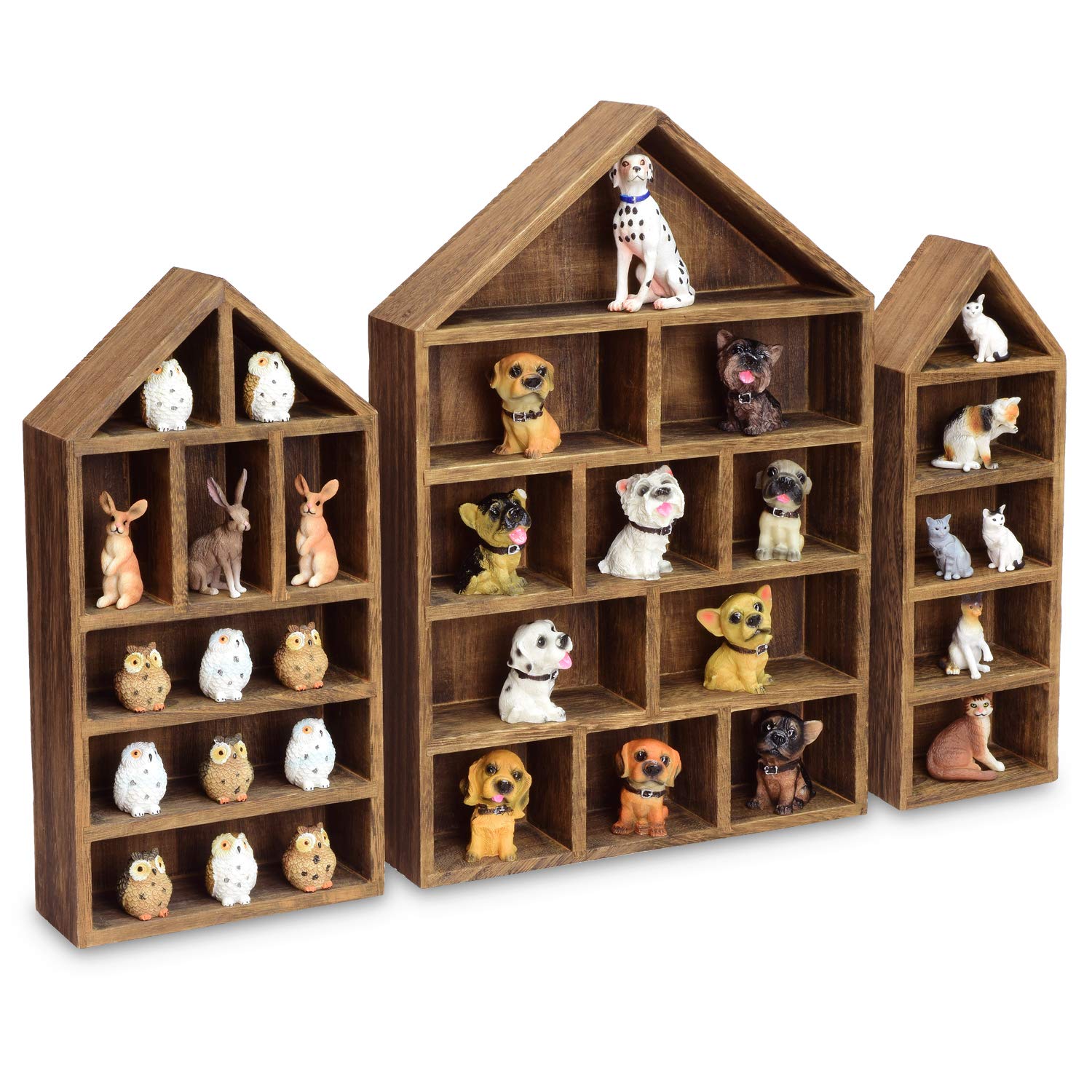 Ikee Design House-Shaped Wooden Shadow Cubby Box Display Shelf Organizer Storage Shadow Box for Mini Figures, Set of 3, Brown Co
