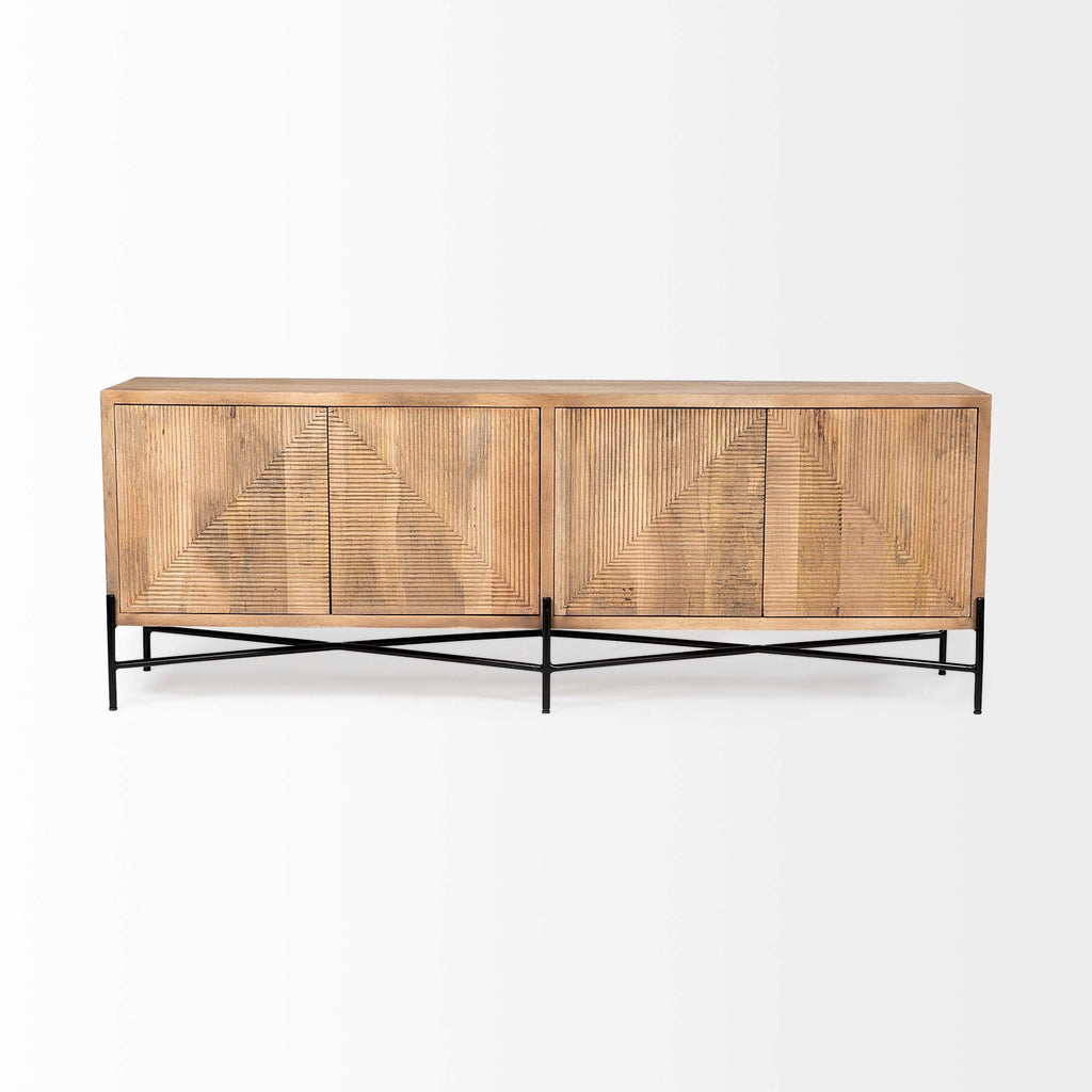 HomeRoots Indian Mango Wood Brown Solid Mango Wood Finish Sideboard with 4 Cabinet Doors