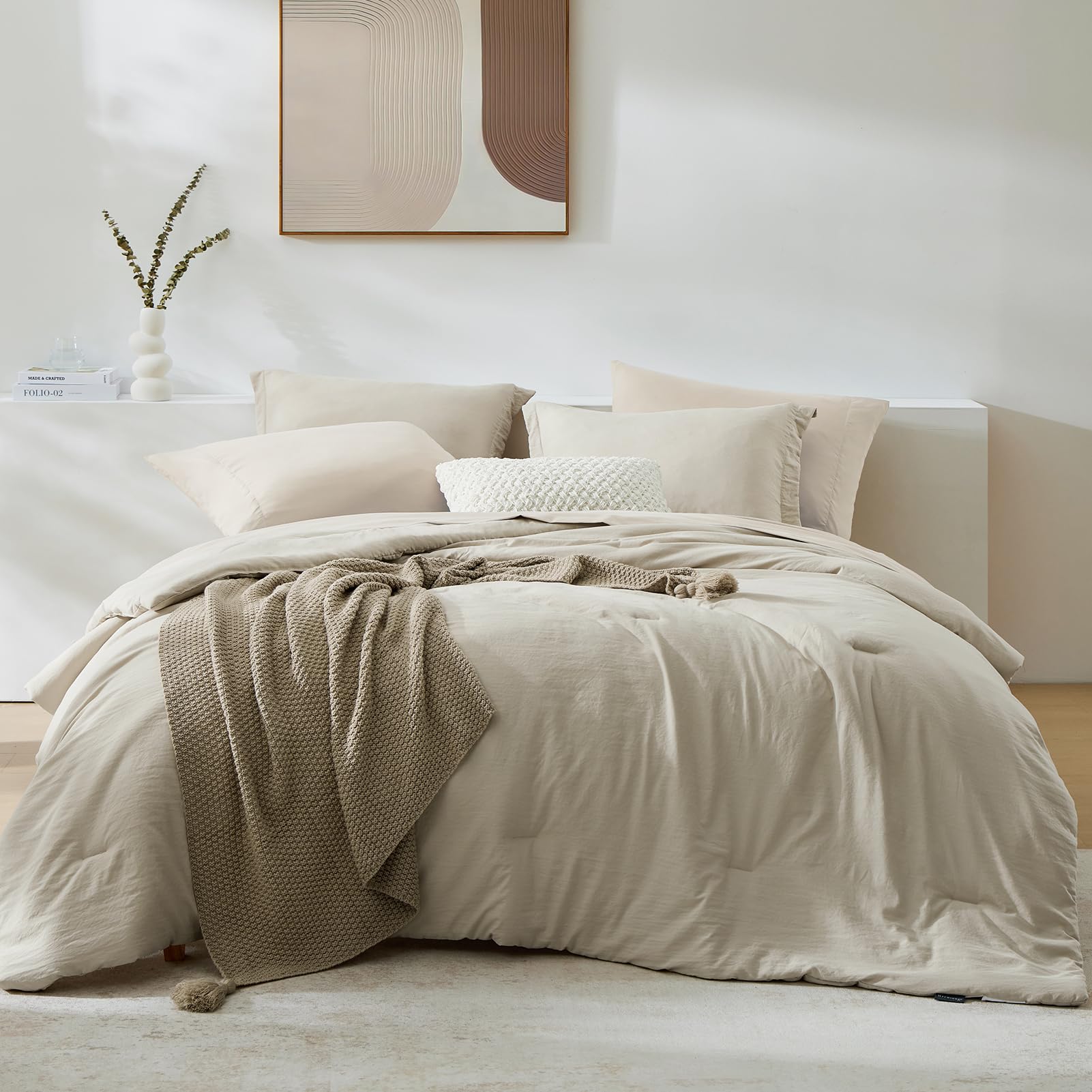 Wrensonge Light Oatmeal Queen Comforter Set, 7 Pieces Soft Microfiber Comforters Queen Size With Fitted Sheet, Flat Sheet, 2 Pil