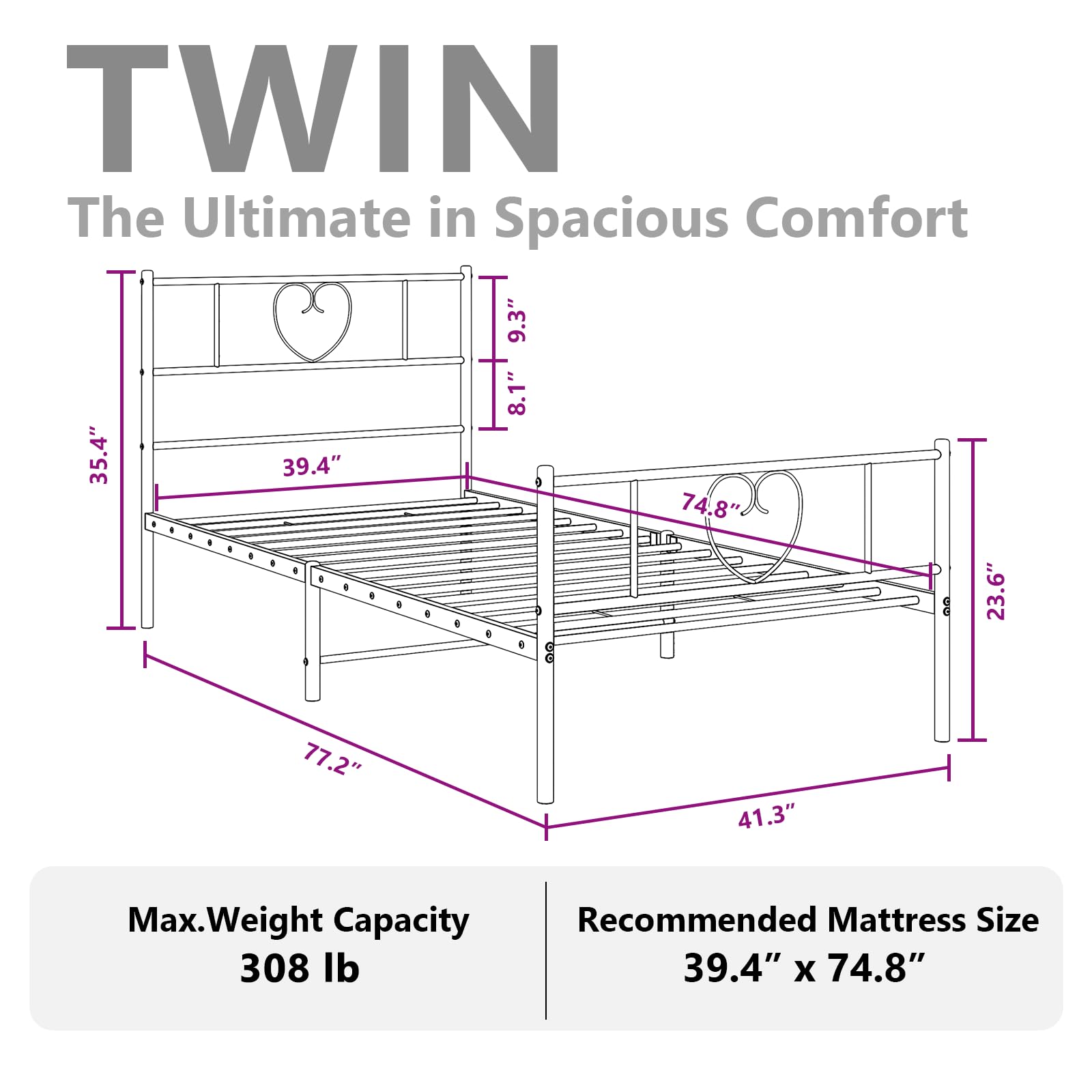 vidaXL Twin Metal Bed Frame with Headboard and Footboard, Under Bed Storage Space, Sturdy Steel Construction and Easy Assembly, Minimalist Style, White, 12'' High, Without Mattress