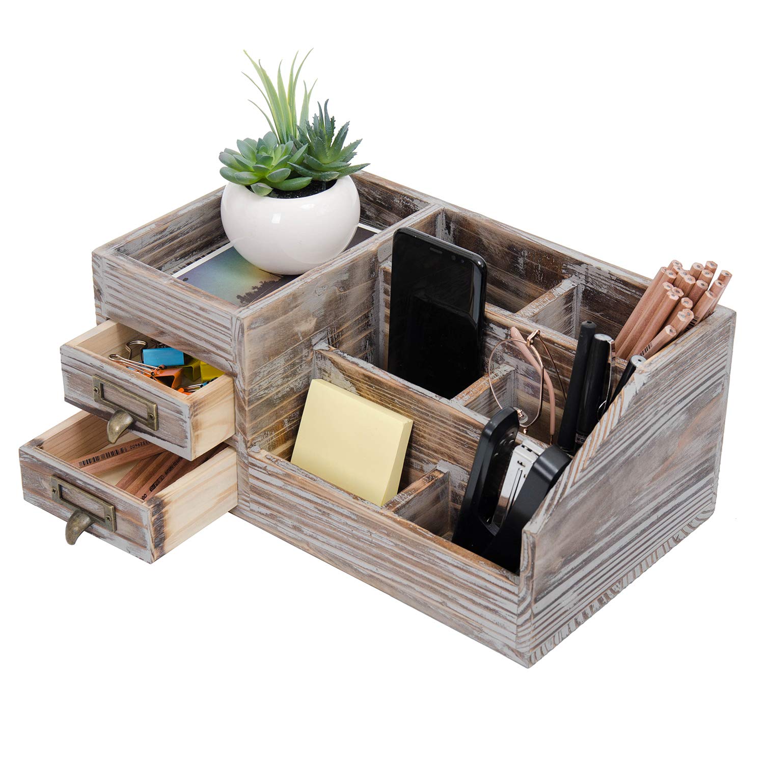 Liry Products Rustic Torched Wooden Desktop Organizer Dark Brown Tabletop Storage Cabinet Stepped Rack Multiple Compartments 2 T