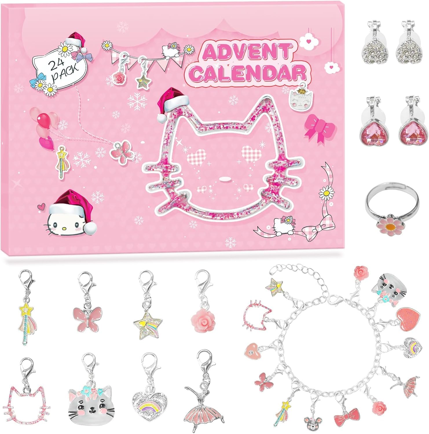 Advent Calendar 2024,Christmas Countdown DIY Cute Cat Charms Bracelet Fashion Christmas with 2 Bracelets and 22 Unique Charms Je