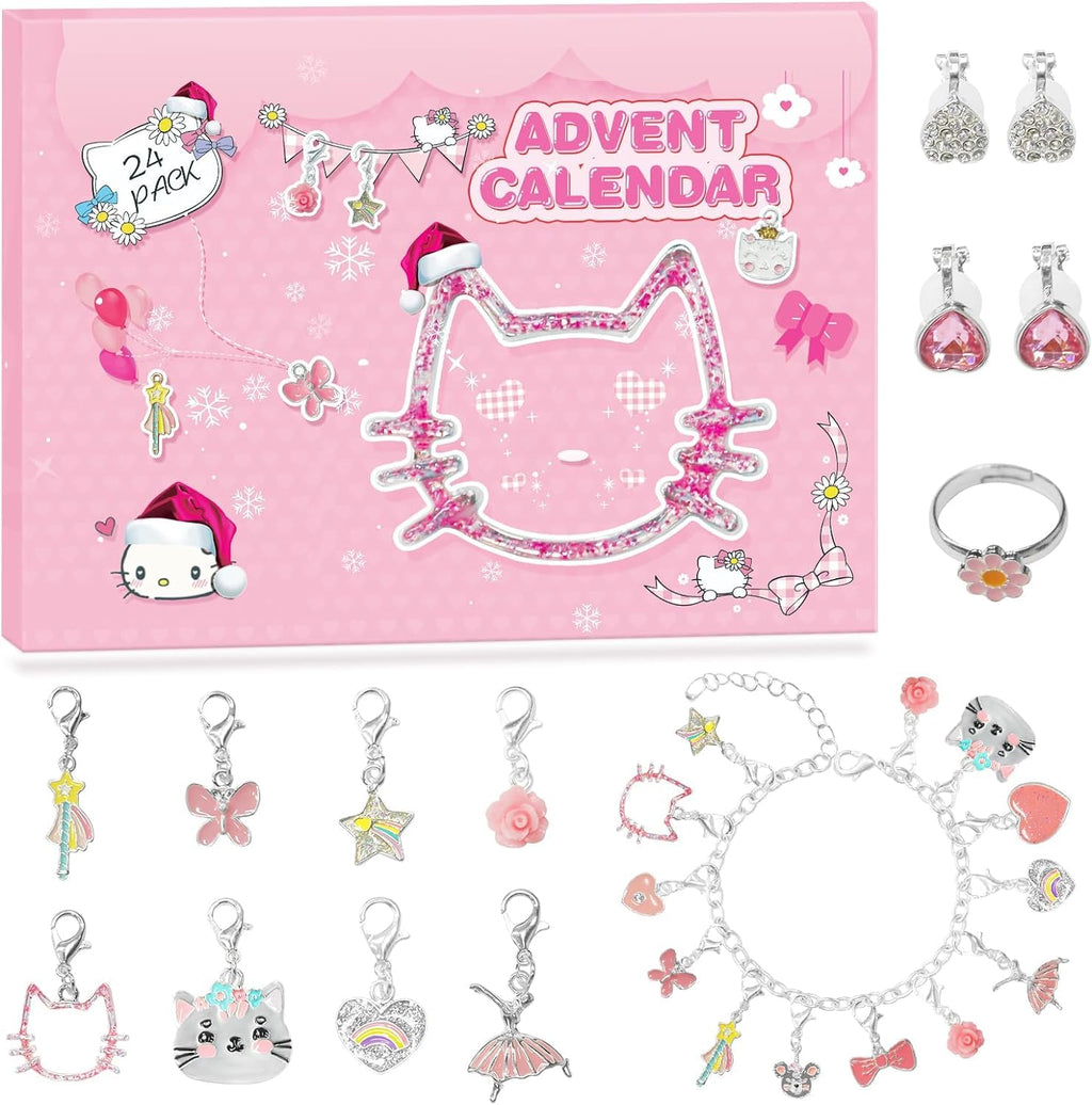 Advent Calendar 2024,Christmas Countdown DIY Cute Cat Charms Bracelet Fashion Christmas with 2 Bracelets and 22 Unique Charms Je