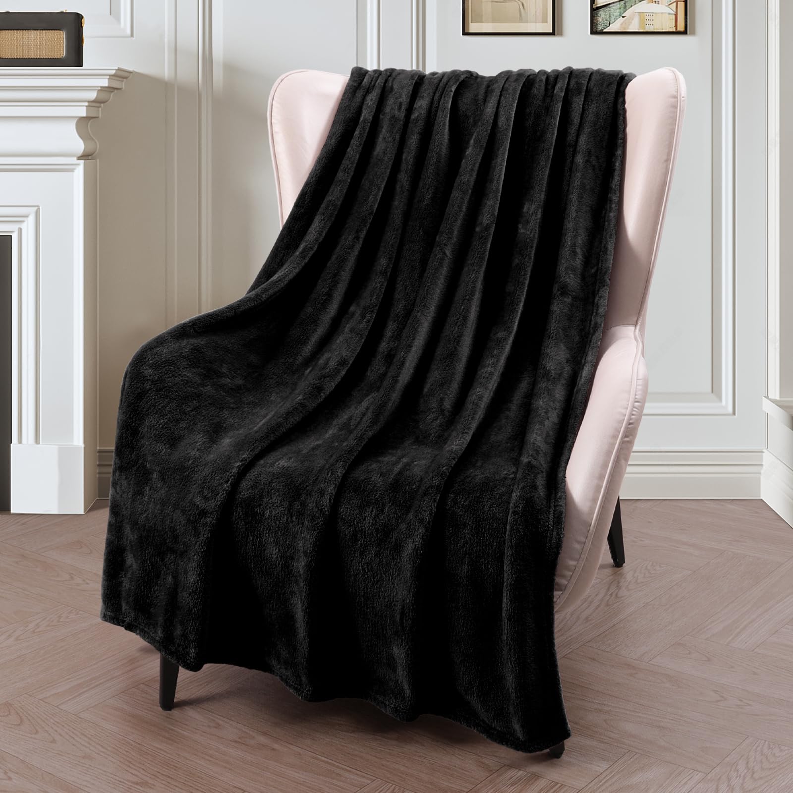 Exclusivo Mezcla Fleece Throw Blanket For Couch, Sofa, 300Gsm Super Soft And Warm Blankets, Black Throw All Season Use, Cozy, Pl