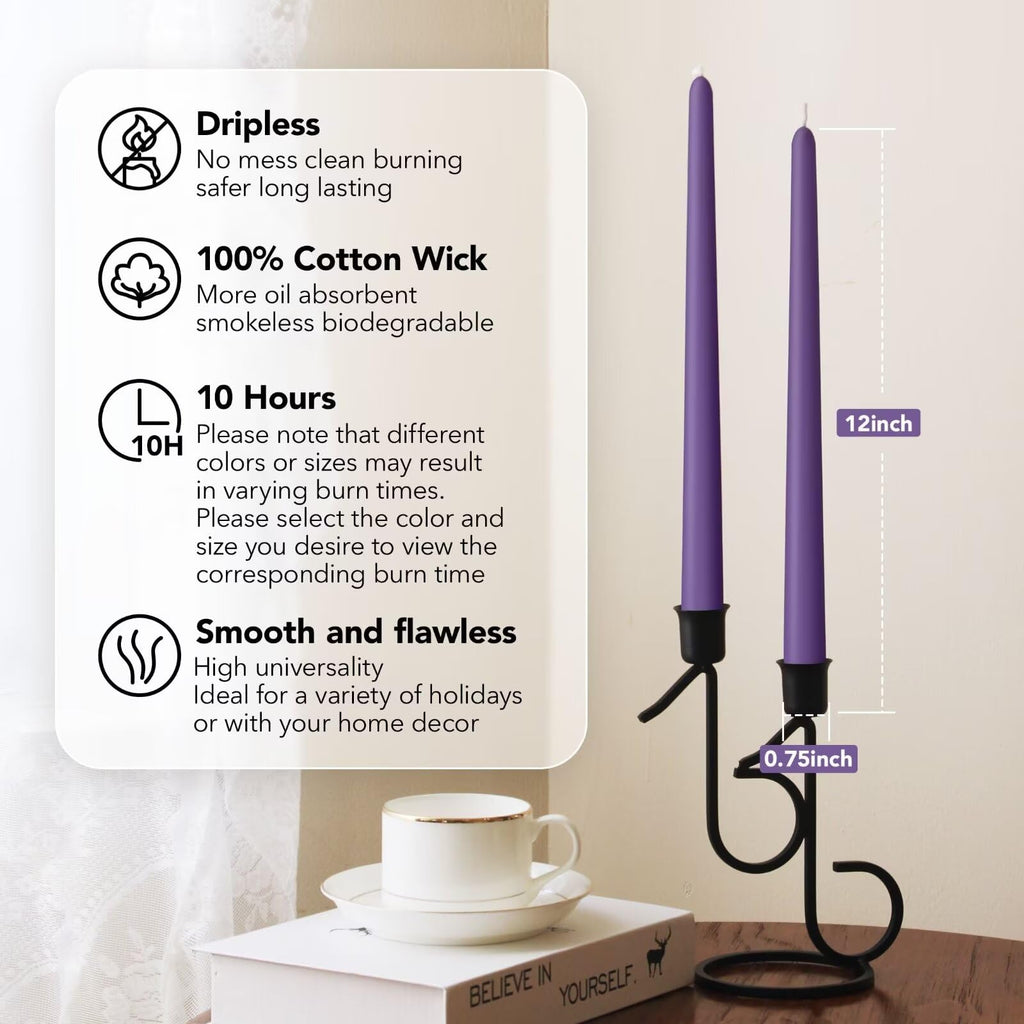Pickood 12-Inch Tall Dripless Taper Candles Set Of 4 - Purple Tapered Candles, Perfect For Halloween - Smokeless, Unscented, Lon