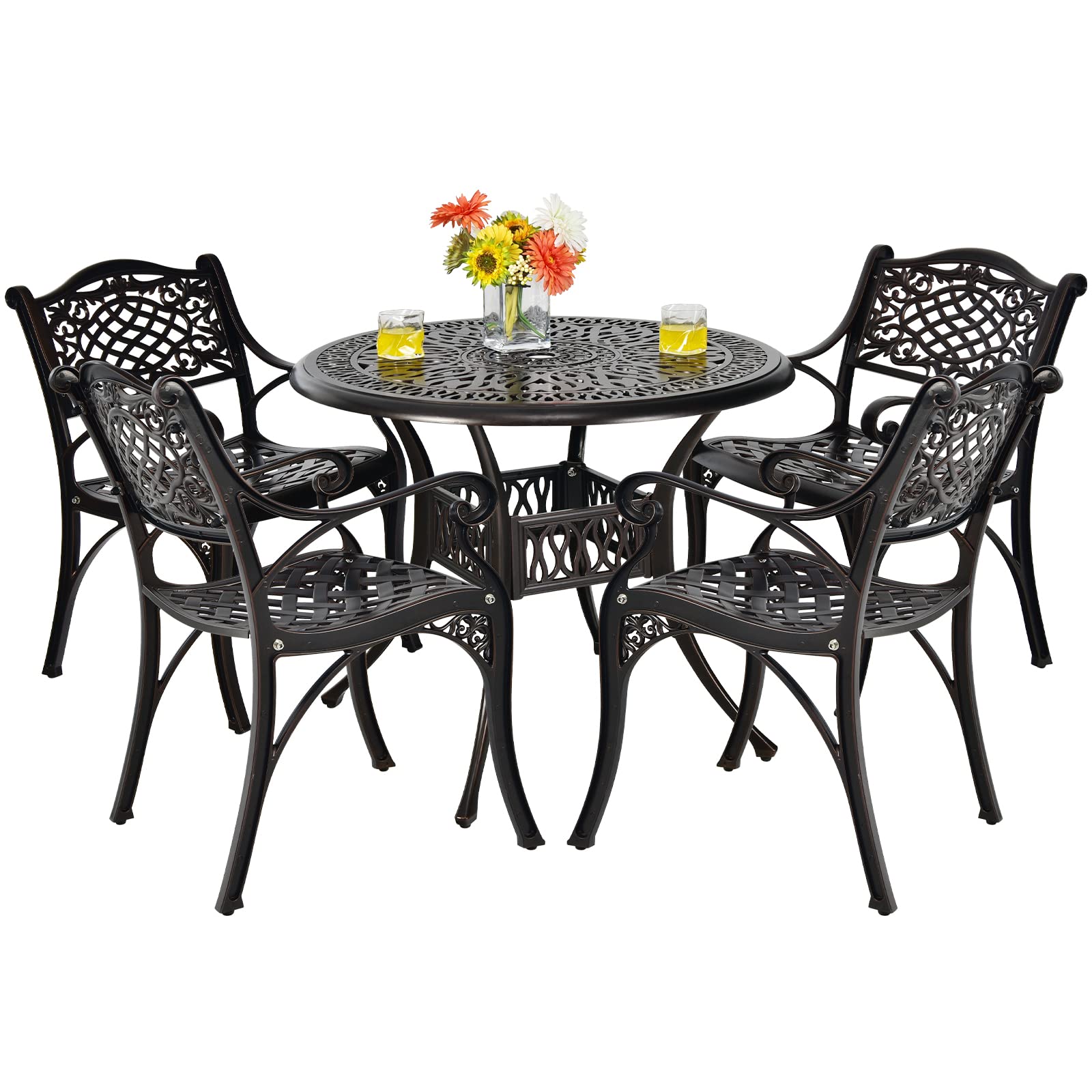 Tangkula 5 Pieces Cast Aluminum Patio Dining Set, Outdoor Bistro Table Set with Umbrella Hole, Outdoor Patio Table and Chairs Fu