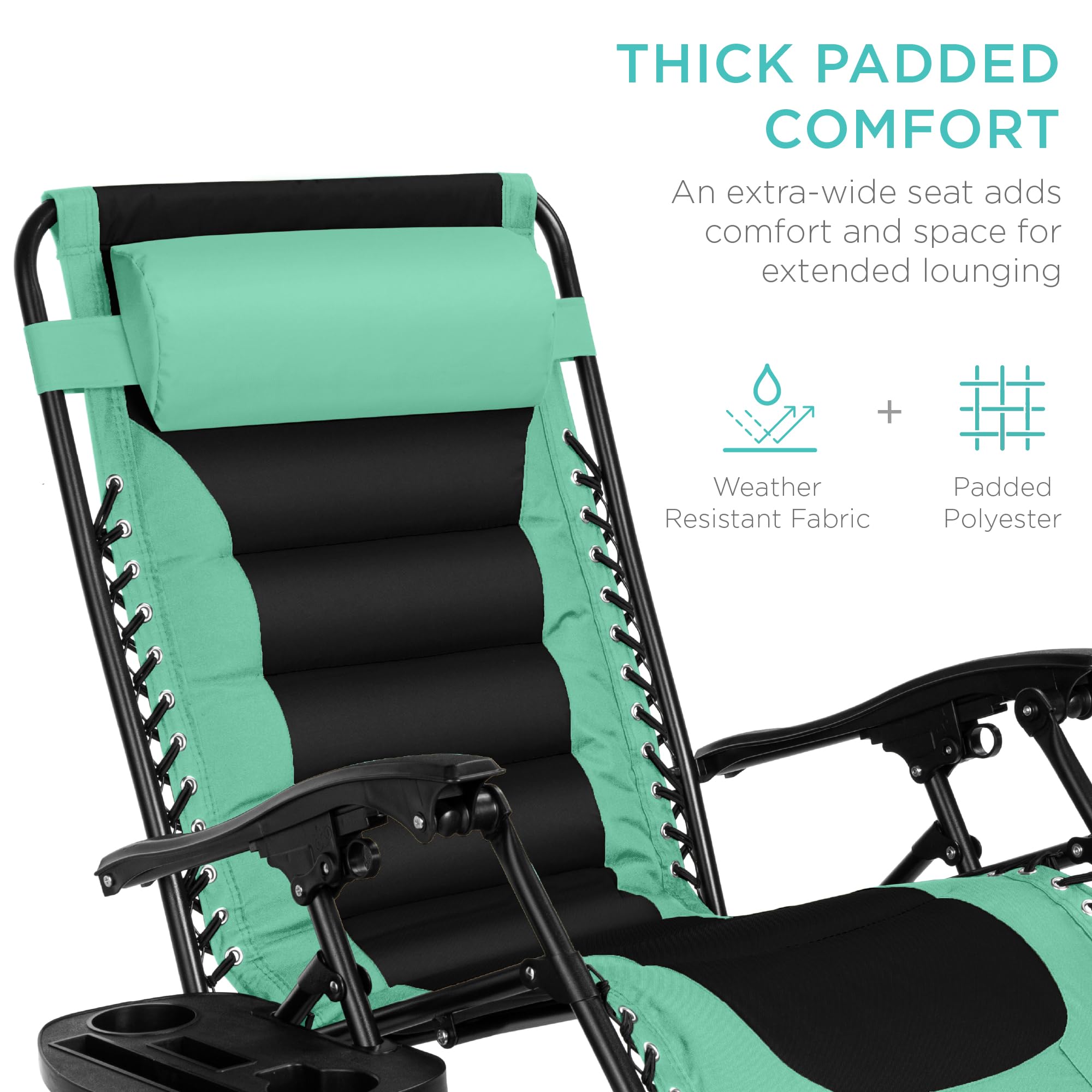 Best Choice Products Oversized Padded Zero Gravity Chair, Folding Outdoor Patio Recliner, Xl Anti Gravity Lounger For Backyard W/Headrest, Cup Holder, Side Tray, Polyester Mesh - Seafoam Green/Black