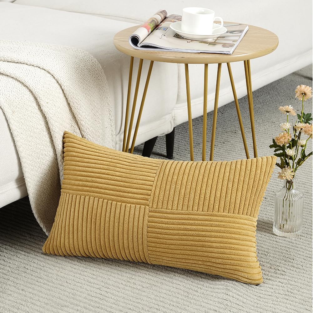 Fancy Homi Mustard Yellow Lumbar Decorative Throw Pillow Covers 12X20 Inch For Living Room Couch Bed, Rustic Farmhouse Boho Home