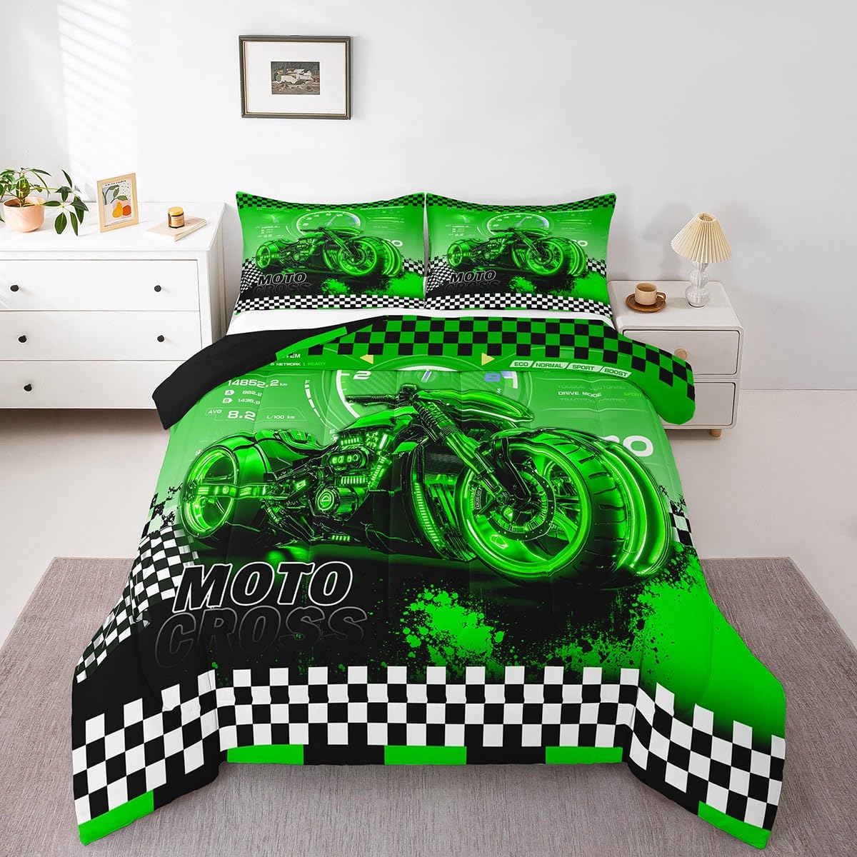 Feelyou Kids Dirt Bike Comforter Full Size, Racing Motocross Comforter Set Boys Girls For Motorcycle Bedding Set Motorbike Teens