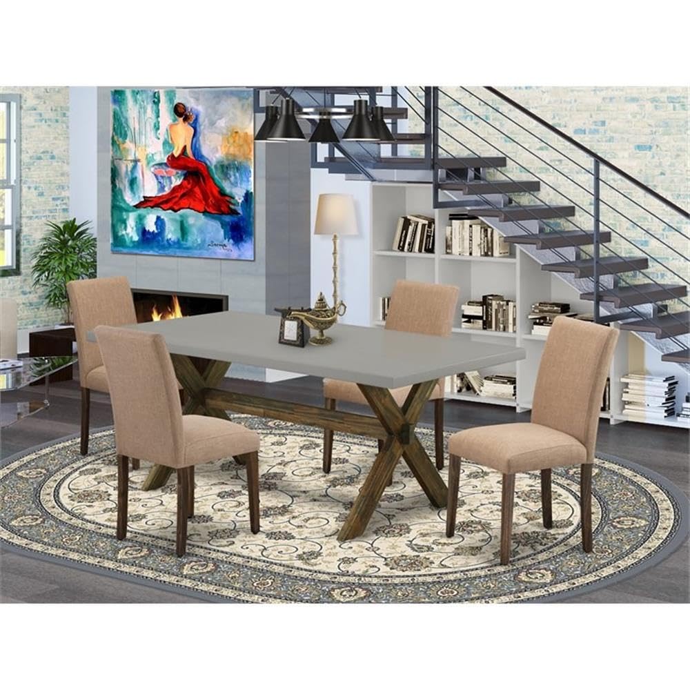 East West Furniture X797Ab747-5 5 Piece Dinette Set For 4 Includes A Rectangle Dining Table With X-Legs And 4 Light Sable Linen Fabric Parson Dining Room Chairs, 40X72 Inch, Multi-Color