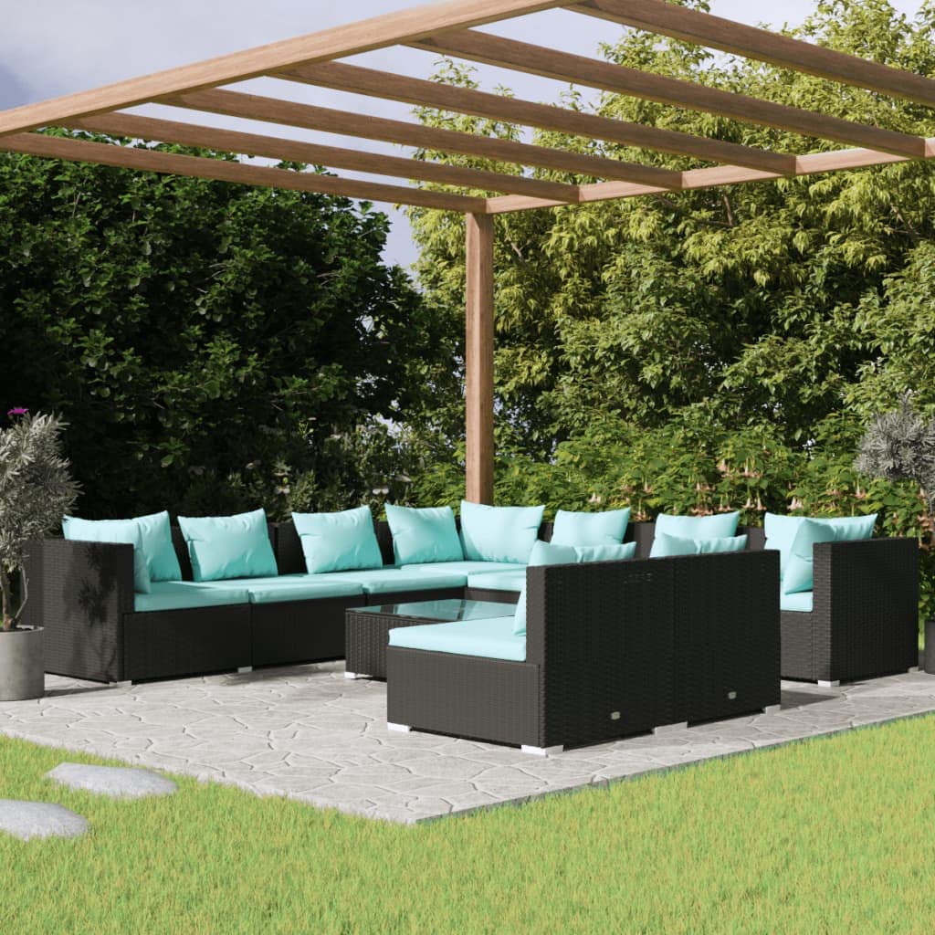 vidaXL Patio Lounge Set 10 Piece, Patio Furniture Set for Outdoor Garden, Sectional Sofa with Cushions, Corner Sofa, Black Poly Rattan