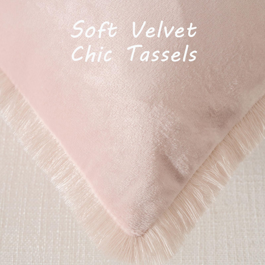 Futei Pink Boho Throw Pillow Covers With Tassels 24X24 Inch Set Of 2,Soft Velvet Decorative Euro Pillow Shams,Home Decor For Cou