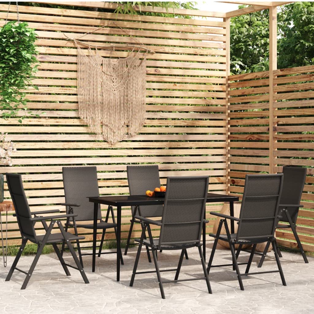 vidaXL 7-Piece Patio Dining Set - Black Garden Outdoor Furniture, Powder-Coated Steel Frame with Glass Tabletop, Reclinable PE Rattan Chairs