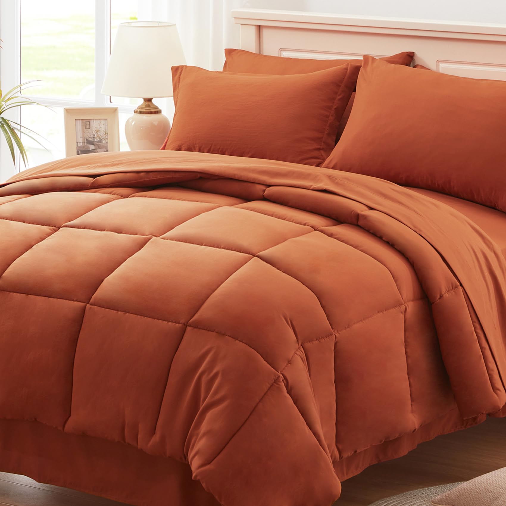 Anluoer Twin Size Bed In A Bag 5 Pieces, Burnt Orange Bed Comforter Set With Comforter And Sheets, All Season Bedding Sets With