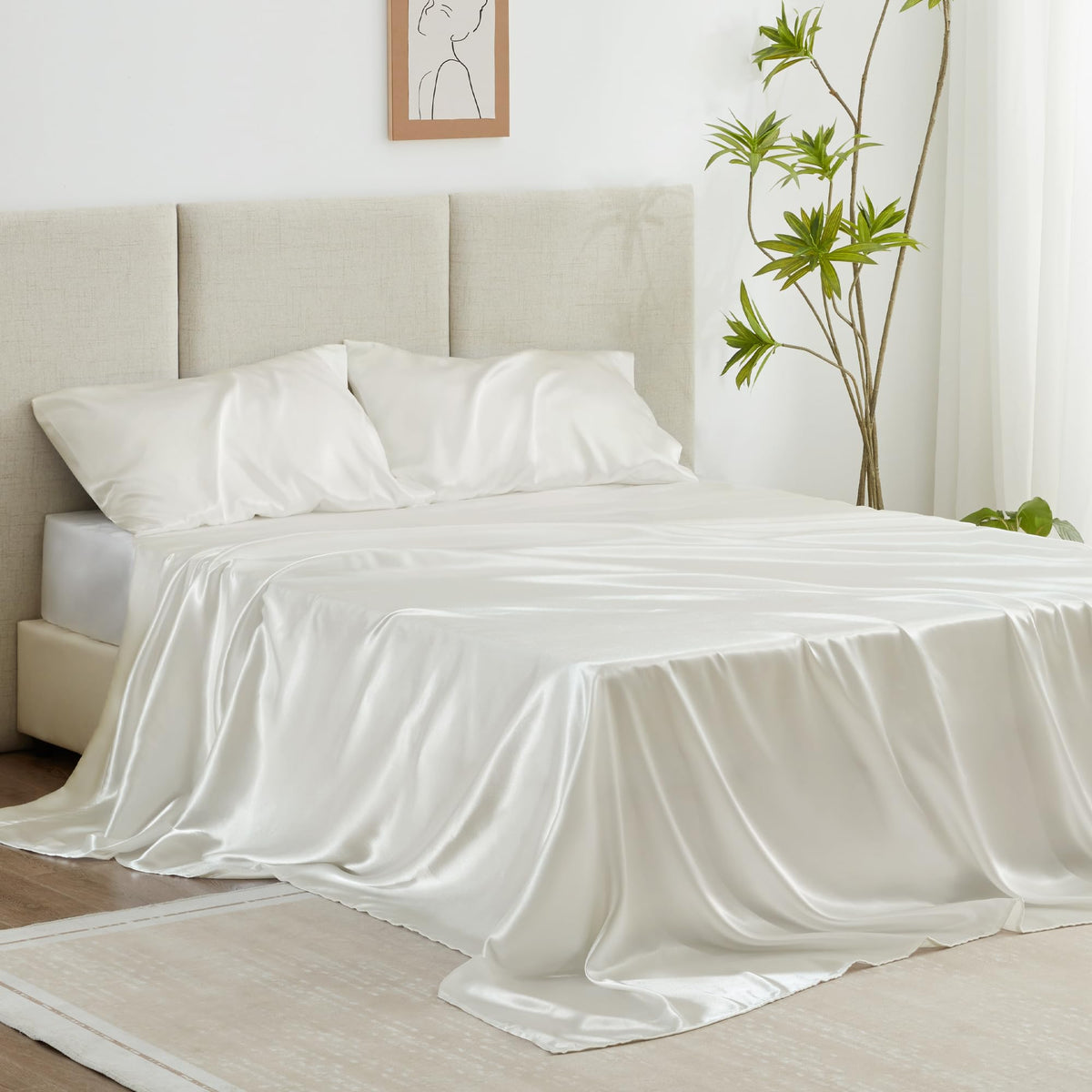 Love'S Cabin Satin King Sheet Sets - 4 Piece Ivory Silky Satin Sheets King Size Bed Set With Deep Pocket, Luxury Silk Feel King