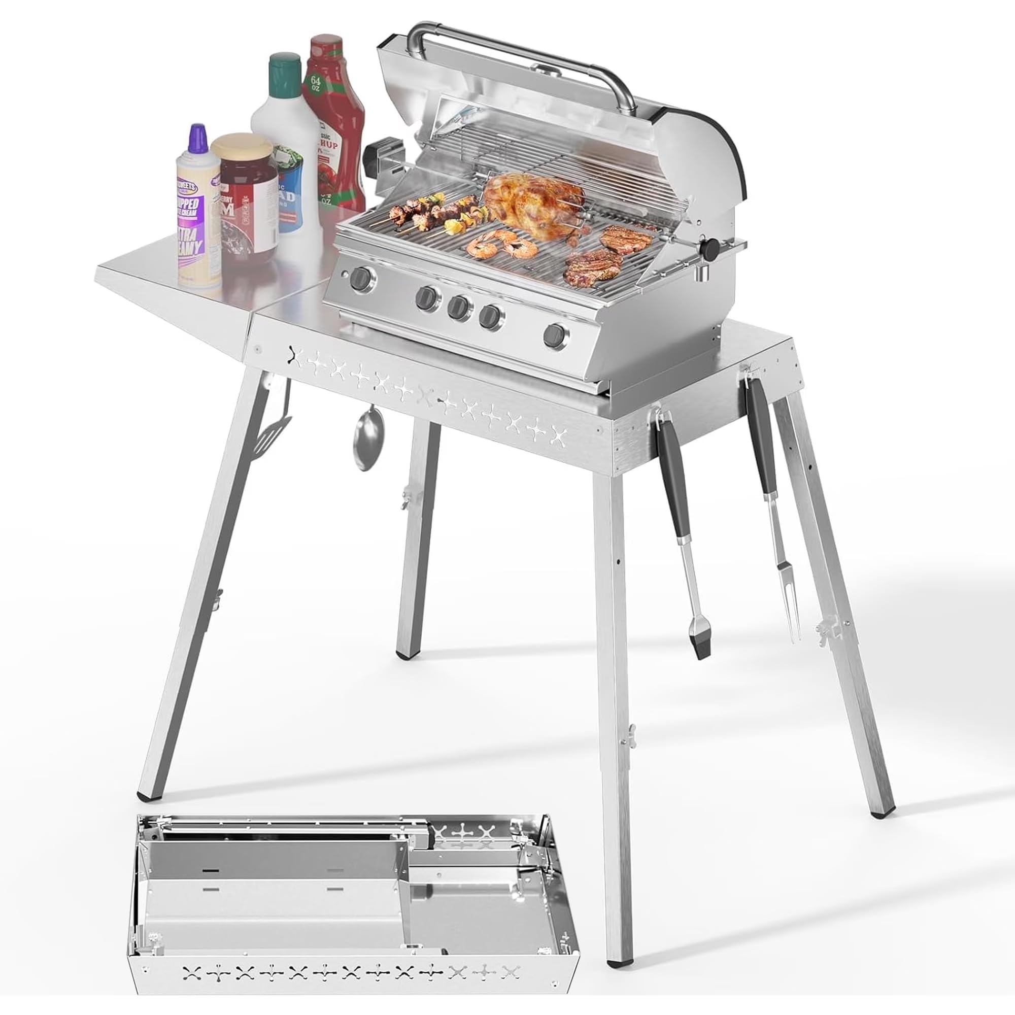 R.W.Flame 304 Stainless Steel BBQ Grill Table fits 20 Tabletop Griddle, Adjustable Folding Grill Table,Outdoor Portable Campin
