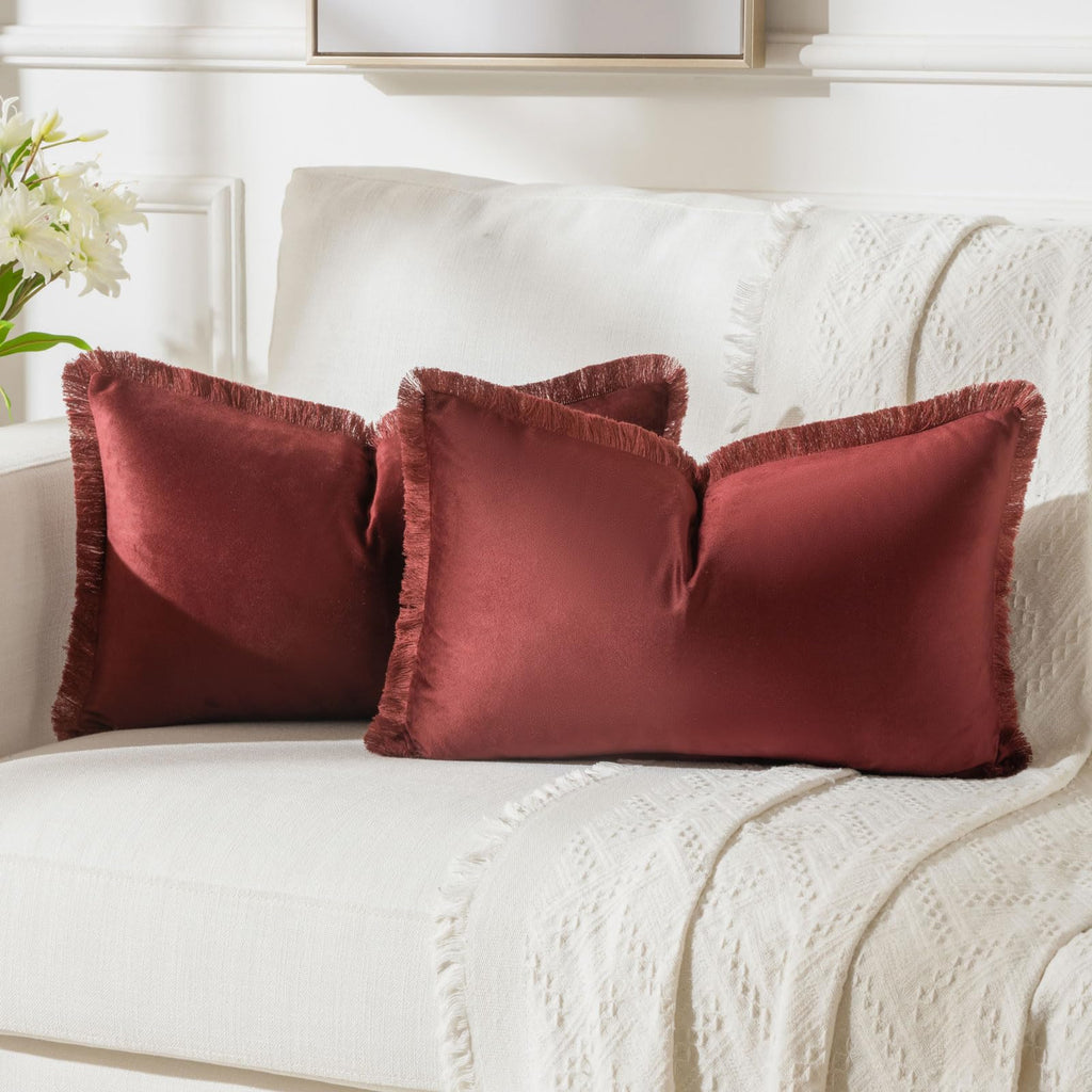 FUTEI Burgundy Boho Throw Pillow Covers with Tassels 12x20 Inch Set of 2,Soft Velvet Lumbar Pillow Cases,Home Decor for Couch Li