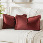FUTEI Burgundy Boho Throw Pillow Covers with Tassels 12x20 Inch Set of 2,Soft Velvet Lumbar Pillow Cases,Home Decor for Couch Li