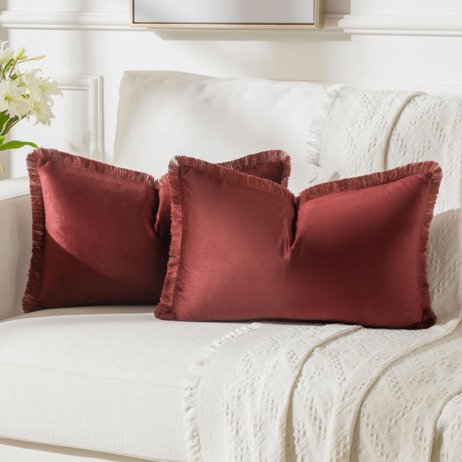 FUTEI Burgundy Boho Throw Pillow Covers with Tassels 12x20 Inch Set of 2,Soft Velvet Lumbar Pillow Cases,Home Decor for Couch Li
