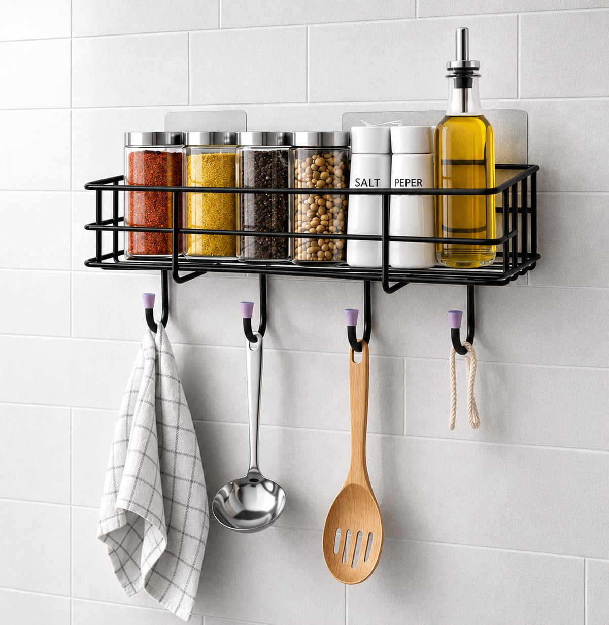 KOYOTE Wall Shelf Without Drilling and Bathroom Organizer with 4 Hook Black Corner Shelf for Kitchen (Pack of 1)