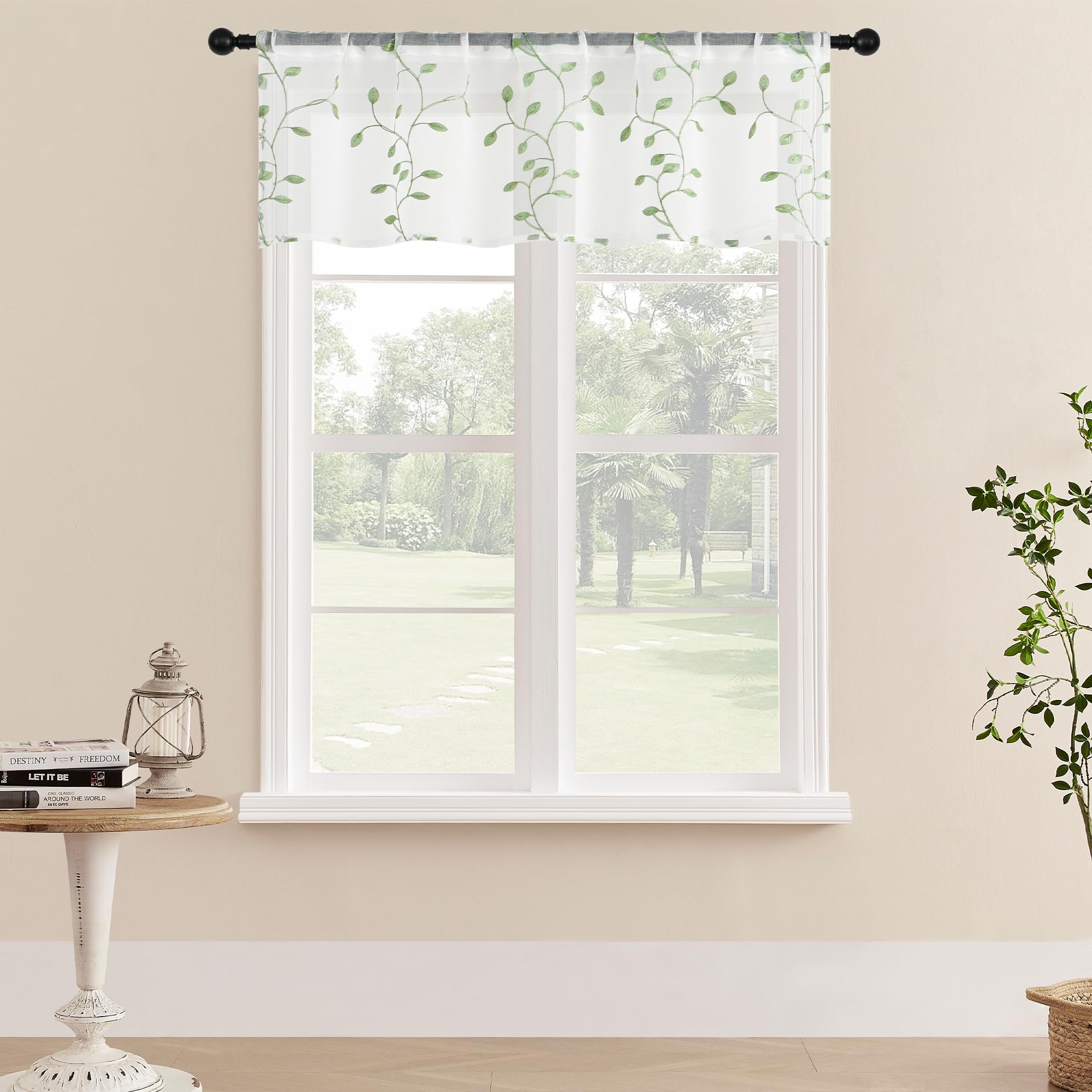 Mrtrees Sheer Voile Curtain Valances 2 Panels, Sage Green Leaves Embroidered Valance Curtains 54X16 Inches, Rod Pocket Small She