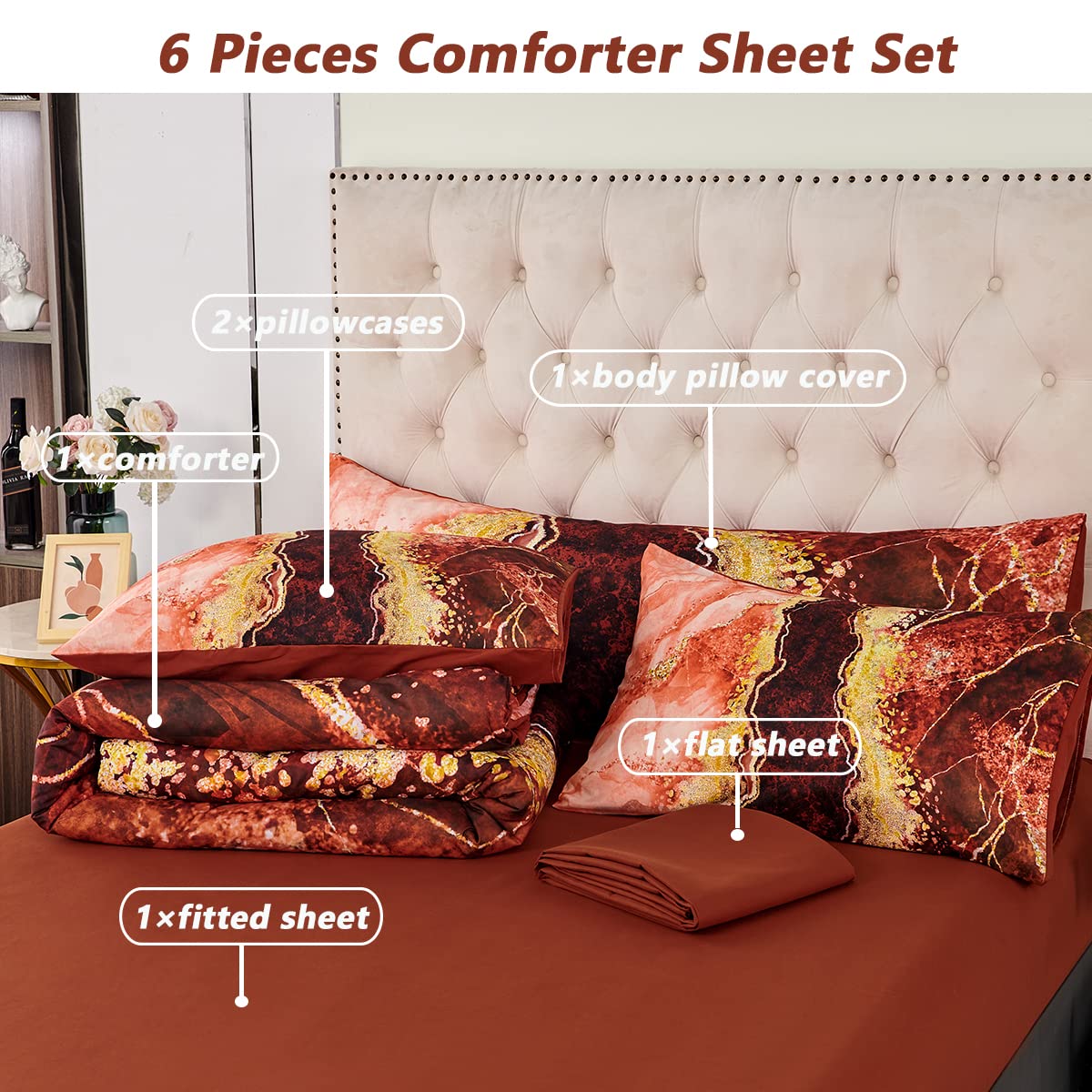 Perfemet 6 Pcs Comforter Set Queen Size Orange Watercolor Mable Printed Bedding With Comforter And Sheets Aesthetic Artwork Styl