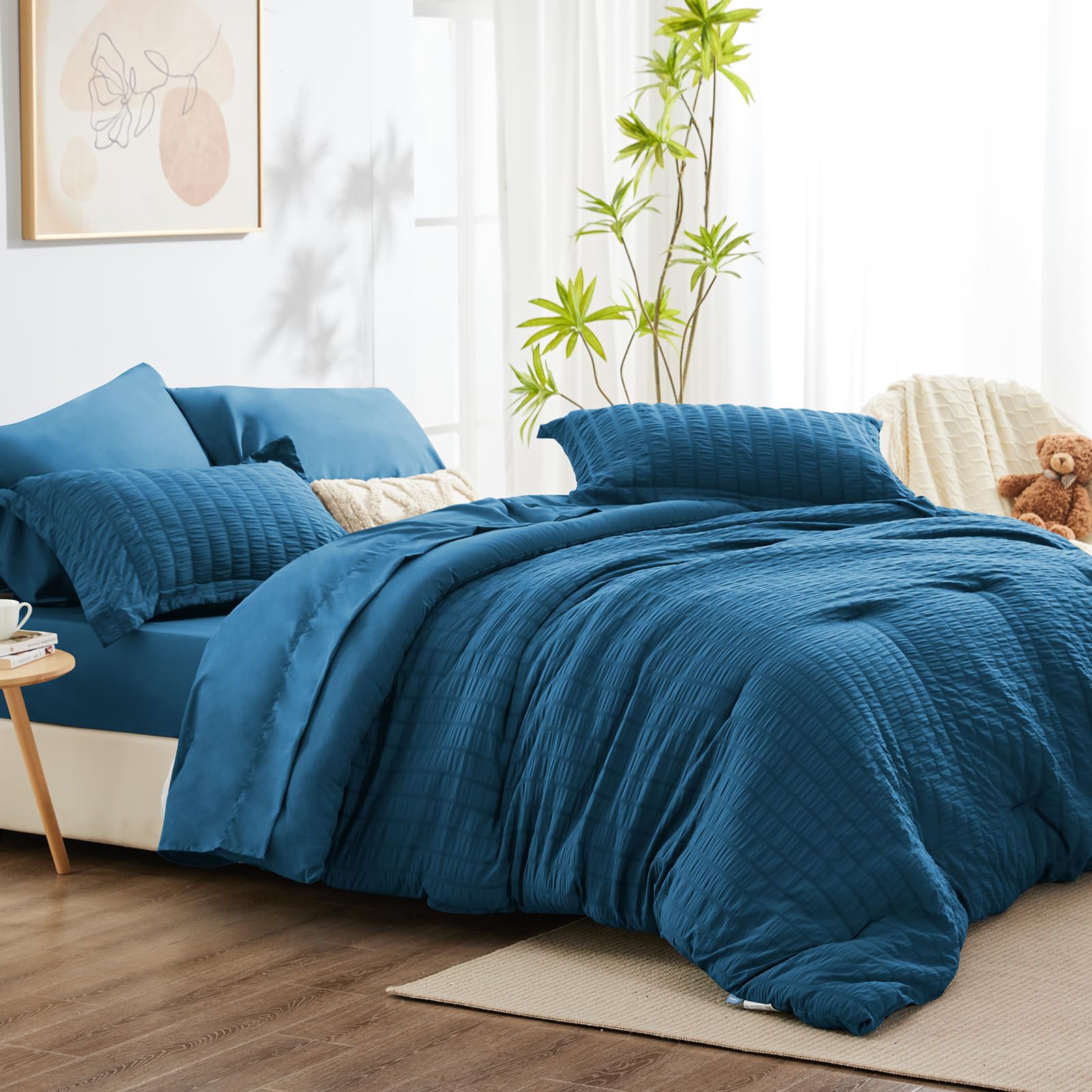 Cozylux Full Seersucker Comforter Set With Sheets Teal Bed In A Bag 7-Pieces All Season Bedding Sets With Comforter, Pillow Sham, Flat Sheet, Fitted Sheet, Pillowcase