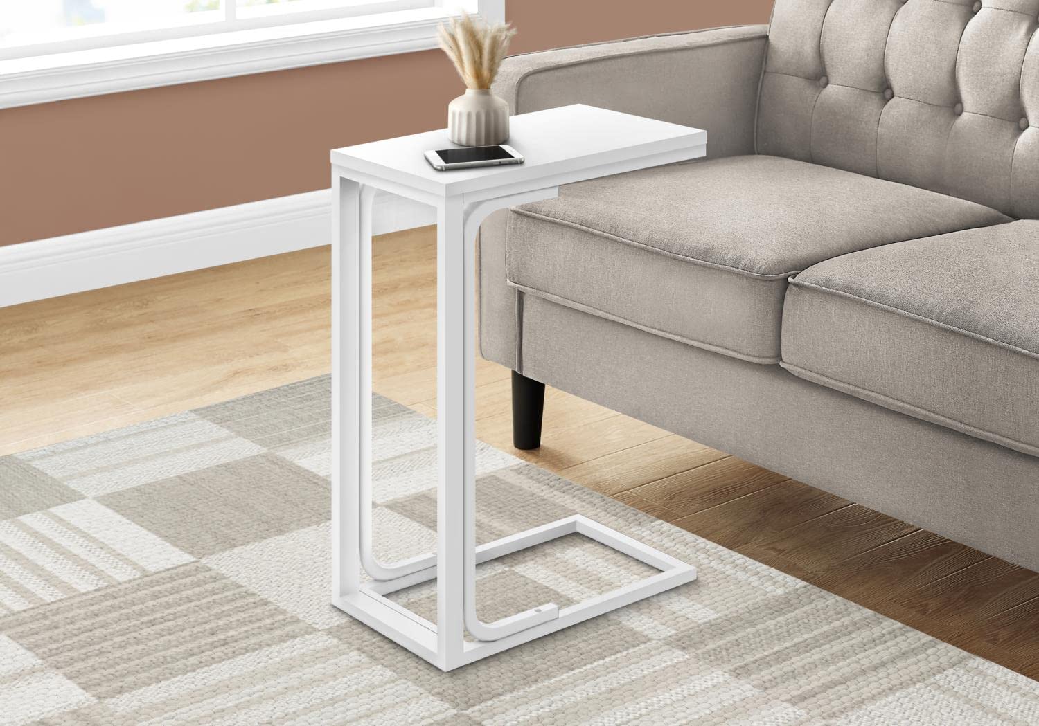 Monarch Specialties I 3478 Accent Table, C-Shaped, End, Side, Snack, Living Room, Bedroom, Metal, Laminate, White, Contemporary, Modern