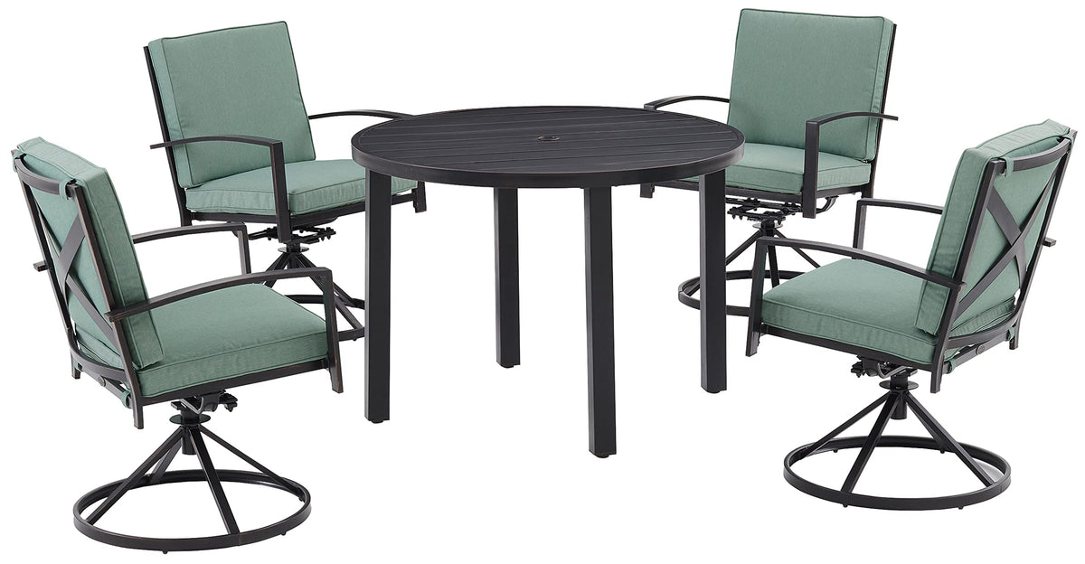 Crosley Furniture Kaplan 5-Piece Outdoor Dining Set for 4, Round Patio Table and Chairs for Backyard, Deck, Oiled Bronze with Mist Cushions