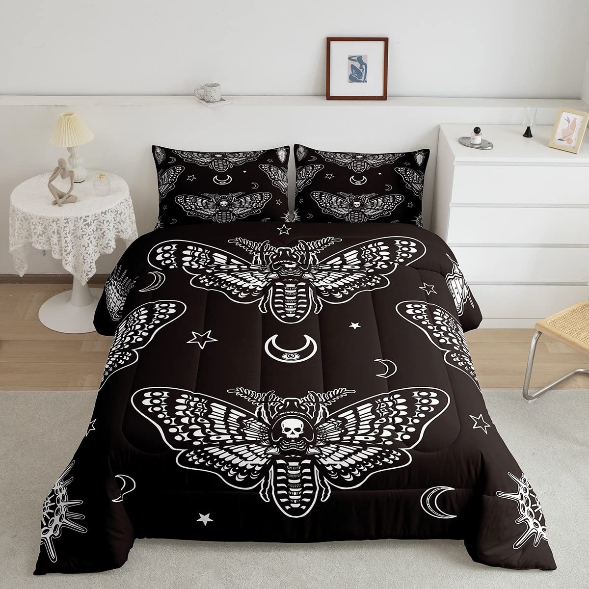 Feelyou Boys Boho Moth Comforter Set Twin Size Men Gothic Skull Bedding Set For Girls Women Bedroom Decor Bohemian Moon Star Com