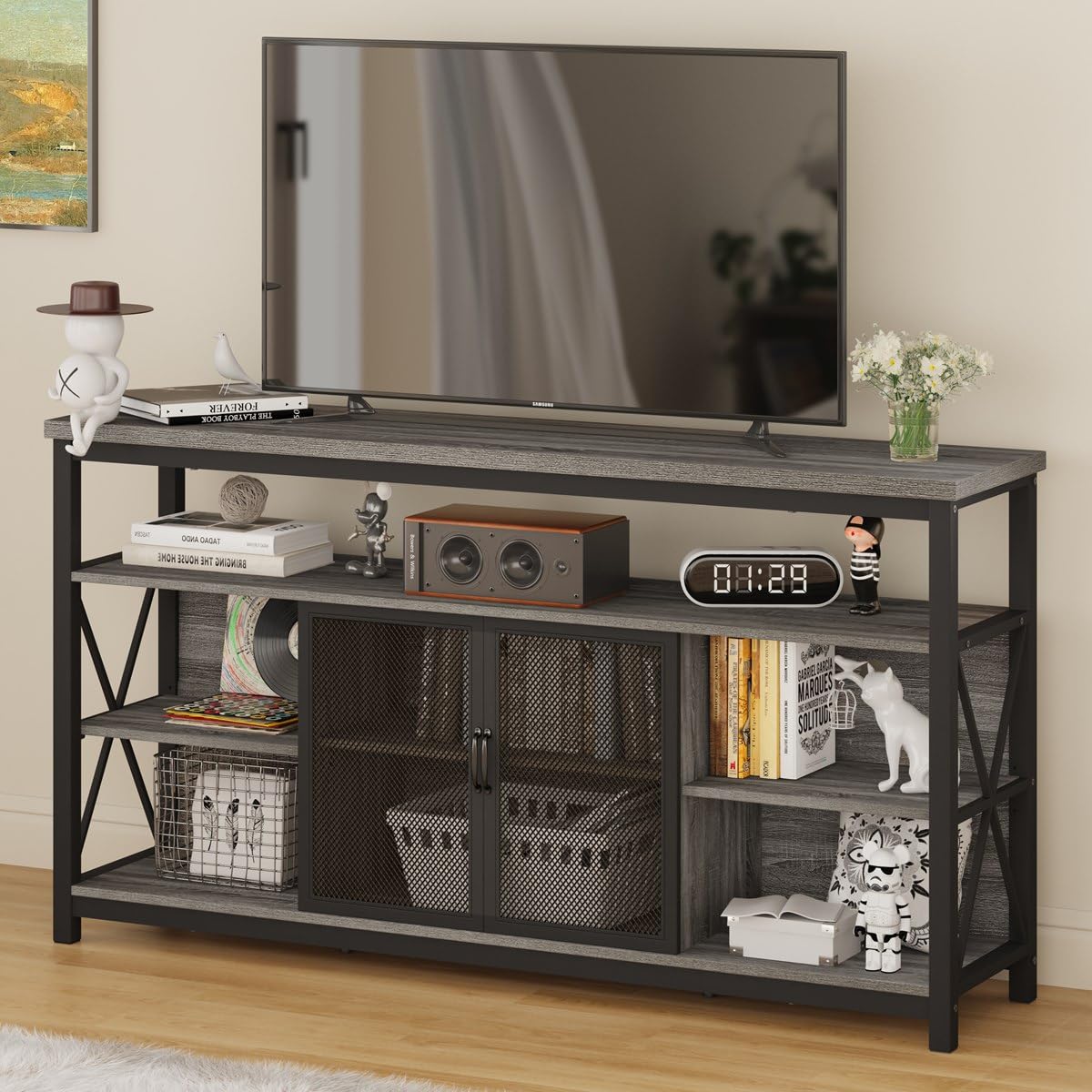 BON AUGURE Tall TV Stand for TVs up to 65 Inch, Industrial Entertainment Center with Storage Cabinet, Rustic Wood Media Console 